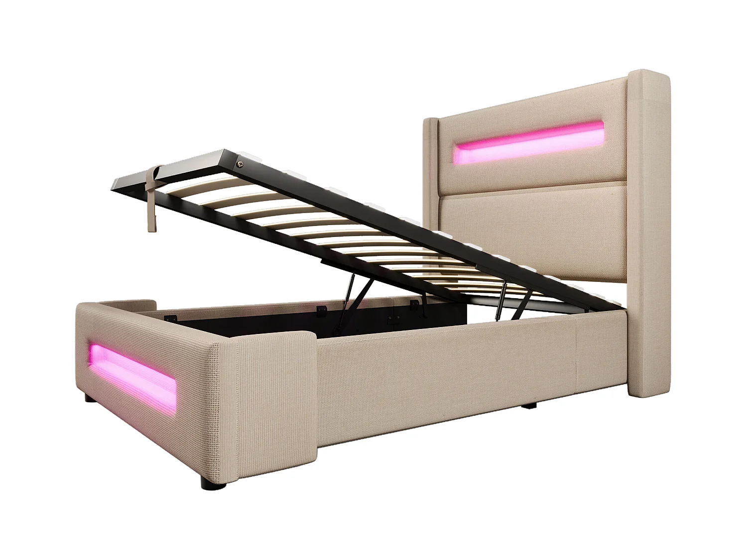 Gepolstertes Stauraumbett 90x200 cm - mit LED und USB-Ladeanschlüssen - Leinenstoff - Mit Lattenrost - Beige (ohne Matratze)