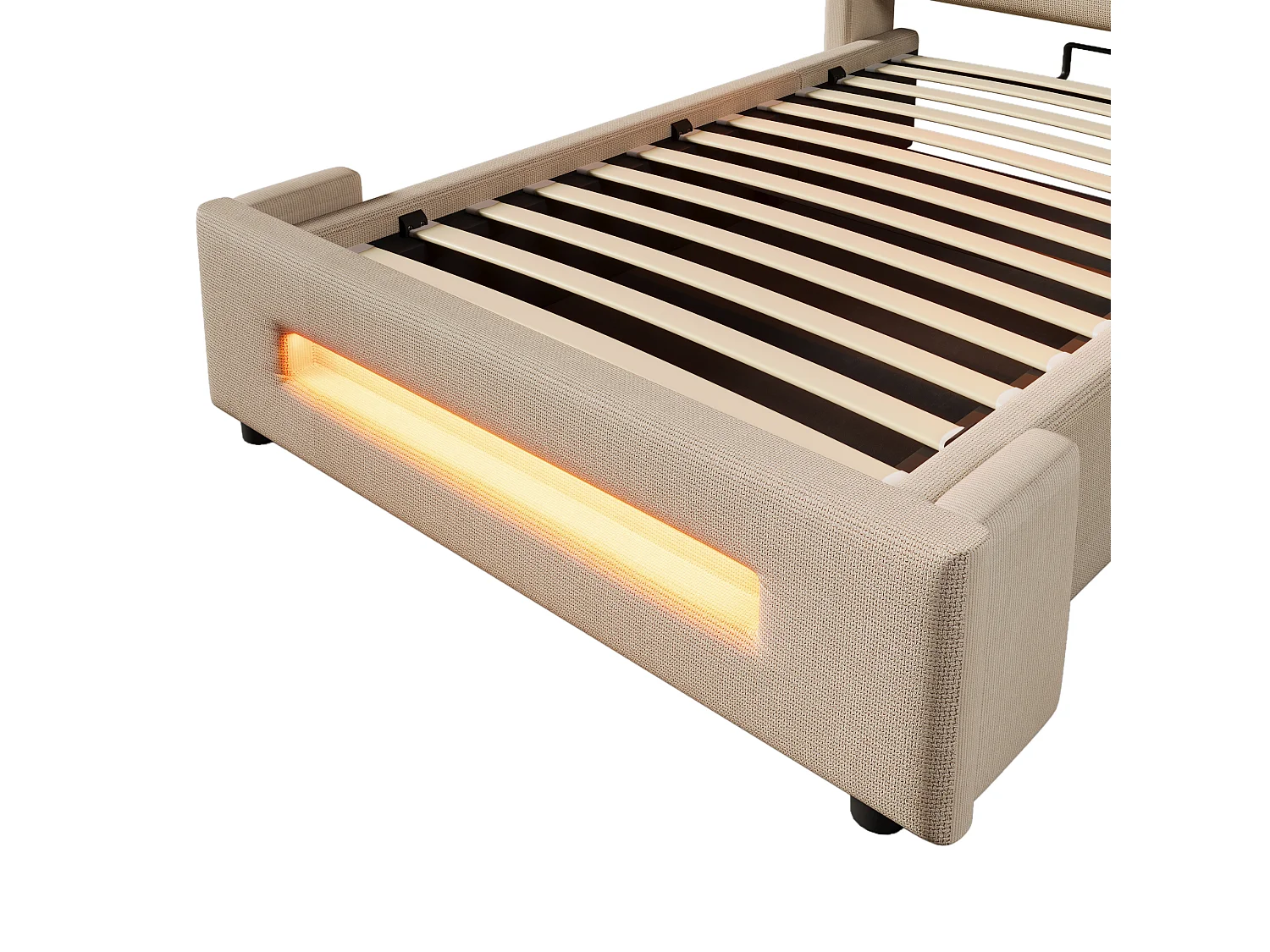 Gepolstertes Stauraumbett 90x200 cm - mit LED und USB-Ladeanschlüssen - Leinenstoff - Mit Lattenrost - Beige (ohne Matratze)