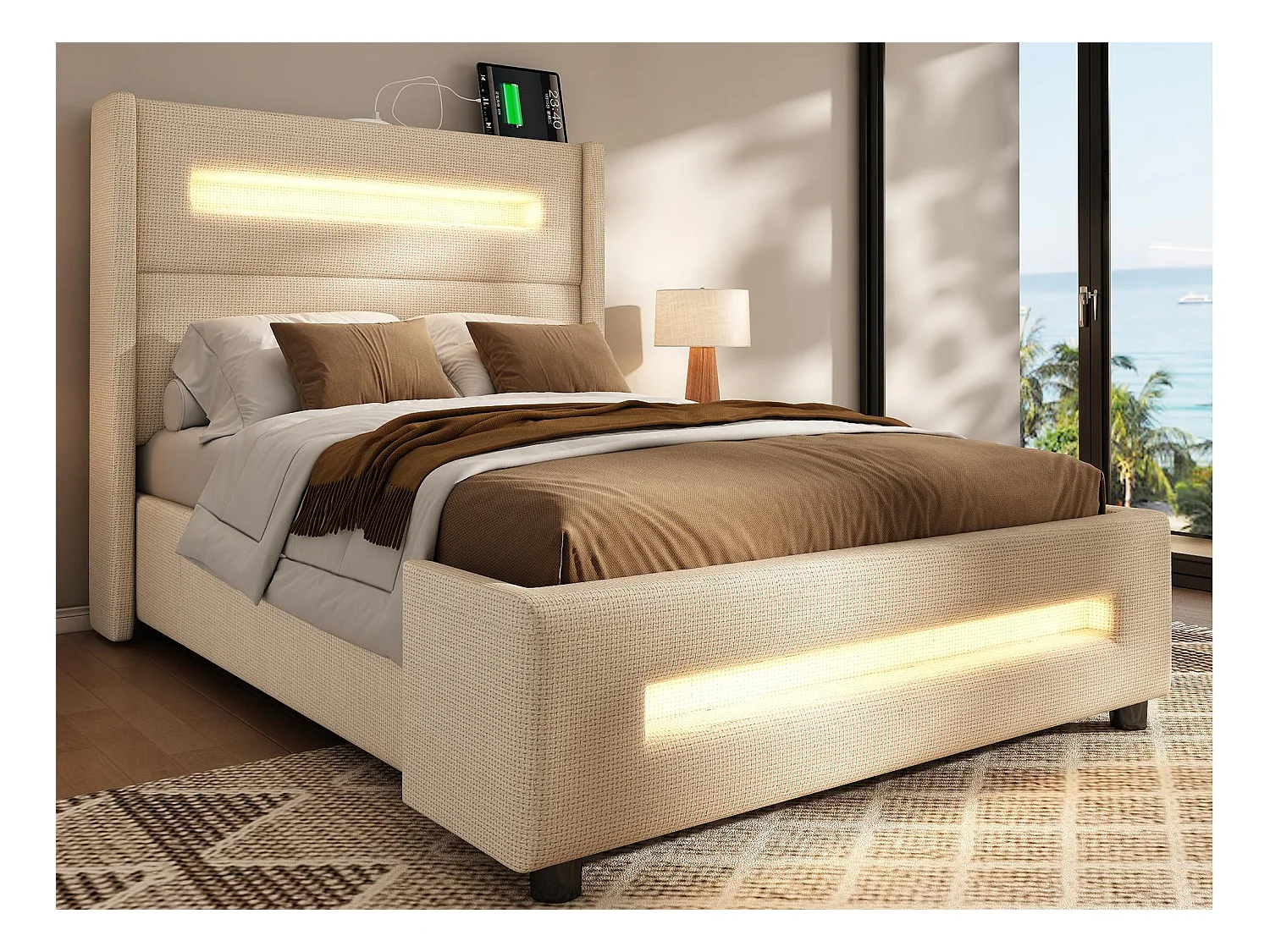 Lit coffre capitonné 90x200cm - avec LED et Ports de charge USB - tissu en Lin - avec sommier à lattes - Beige(sans matelas)