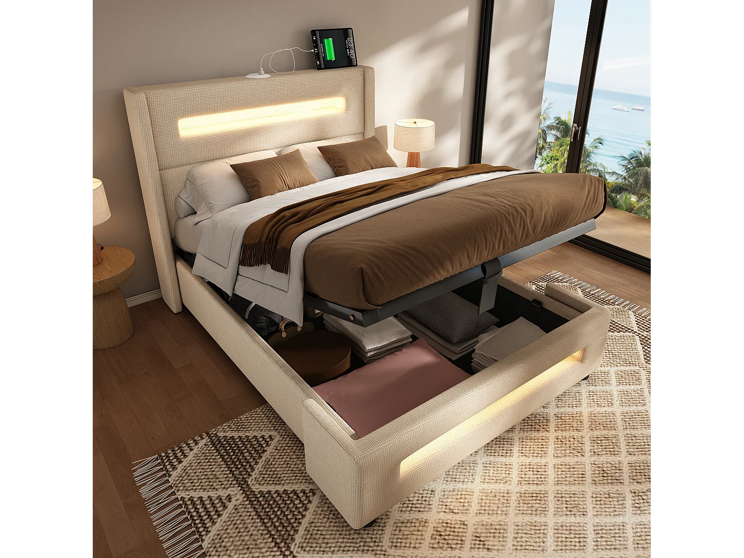 Lit coffre capitonné 90x200cm - avec LED et Ports de charge USB - tissu en Lin - avec sommier à lattes - Beige(sans matelas)