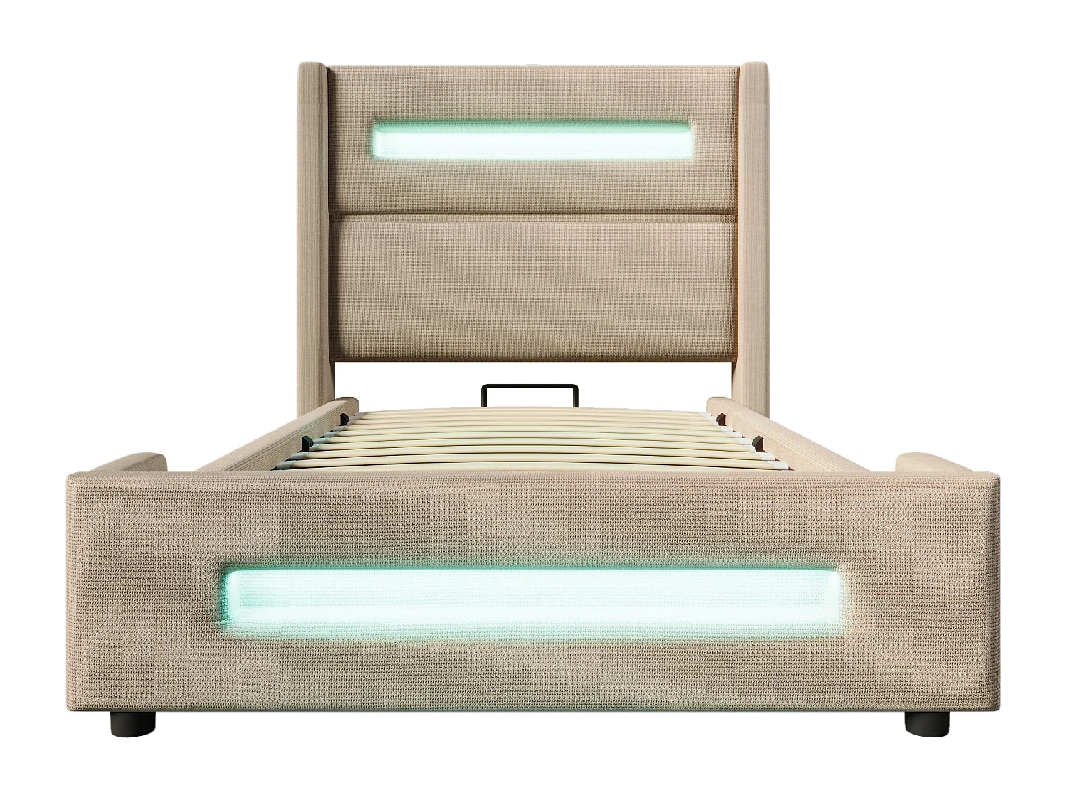 Lit coffre capitonné 90x200cm - avec LED et Ports de charge USB - tissu en Lin - avec sommier à lattes - Beige(sans matelas)