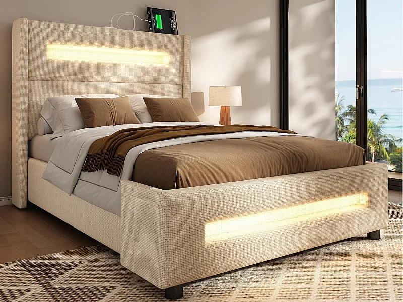 Gestoffeerd opbergbed 90x200 cm - met LED en USB-oplaadpoorten - Linnenstof - Met lattenbodem - Beige (zonder matras)