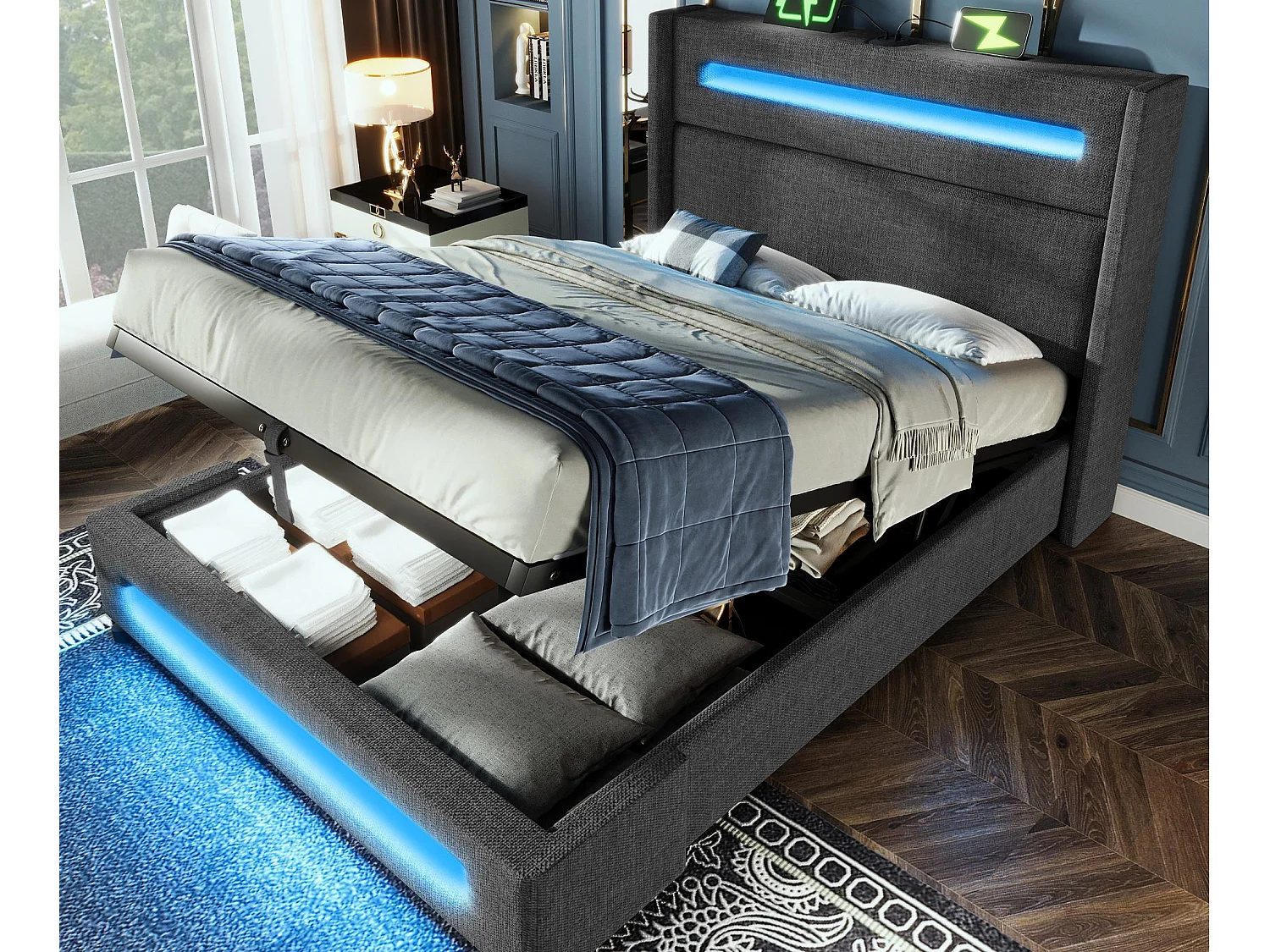 Lit coffre capitonné 90x200cm - avec LED et Ports de charge USB - tissu en Lin - avec sommier à lattes - Gris(sans matelas)