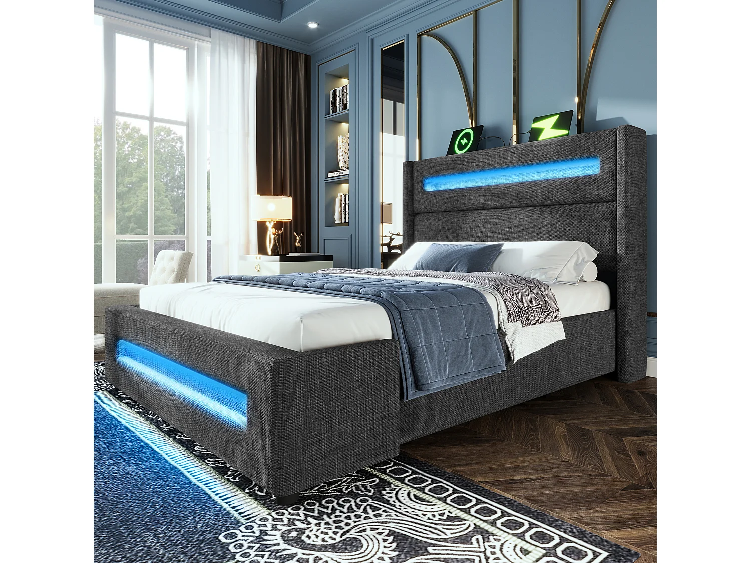 Lit coffre capitonné 90x200cm - avec LED et Ports de charge USB - tissu en Lin - avec sommier à lattes - Gris(sans matelas)