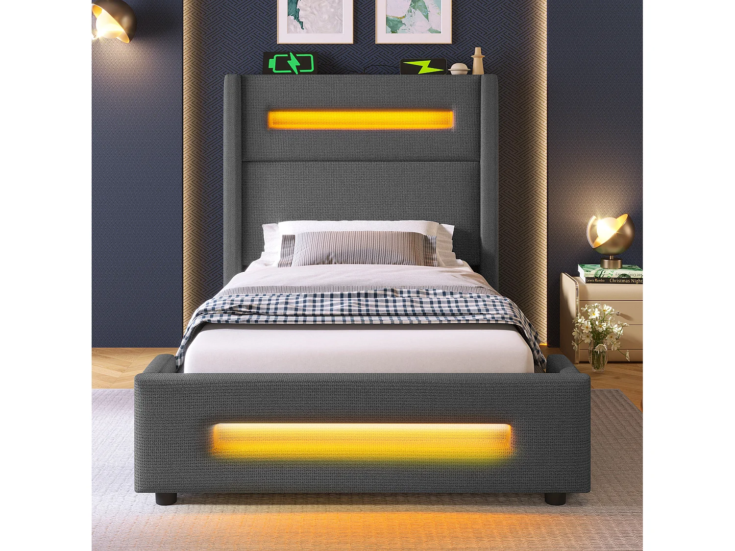 Lit coffre capitonné 90x200cm - avec LED et Ports de charge USB - tissu en Lin - avec sommier à lattes - Gris(sans matelas)