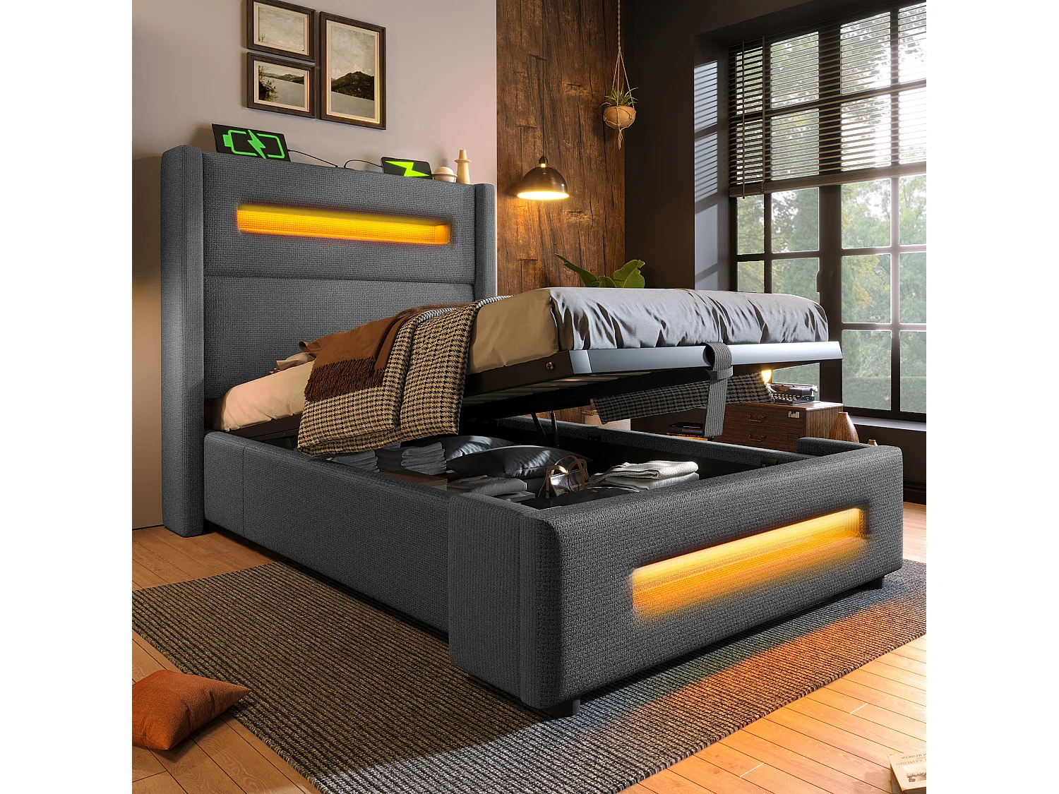 Lit coffre capitonné 90x200cm - avec LED et Ports de charge USB - tissu en Lin - avec sommier à lattes - Gris(sans matelas)