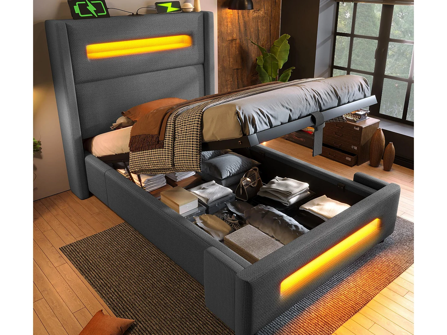 Lit coffre capitonné 90x200cm - avec LED et Ports de charge USB - tissu en Lin - avec sommier à lattes - Gris(sans matelas)