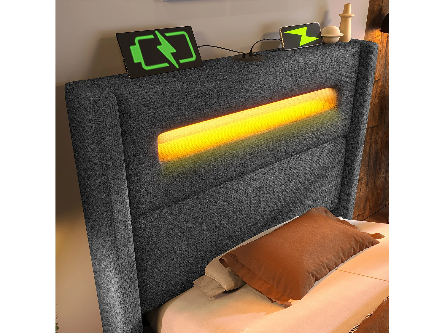 Lit coffre capitonné 90x200cm - avec LED et Ports de charge USB - tissu en Lin - avec sommier à lattes - Gris(sans matelas)
