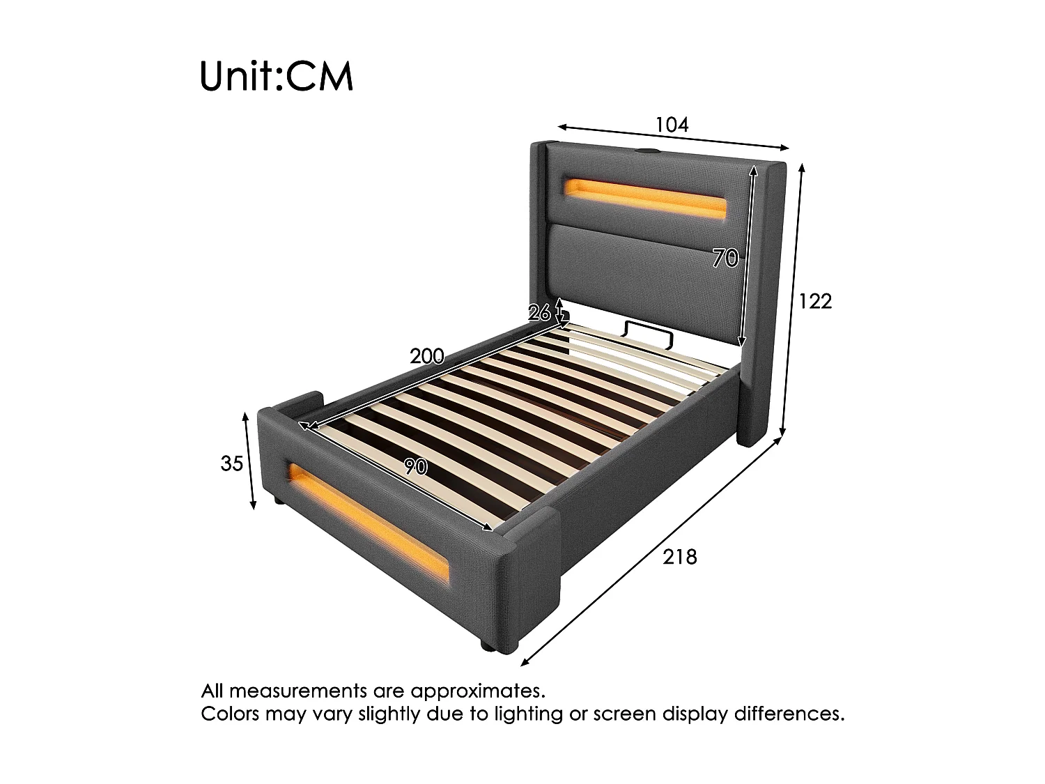 Lit coffre capitonné 90x200cm - avec LED et Ports de charge USB - tissu en Lin - avec sommier à lattes - Gris(sans matelas)