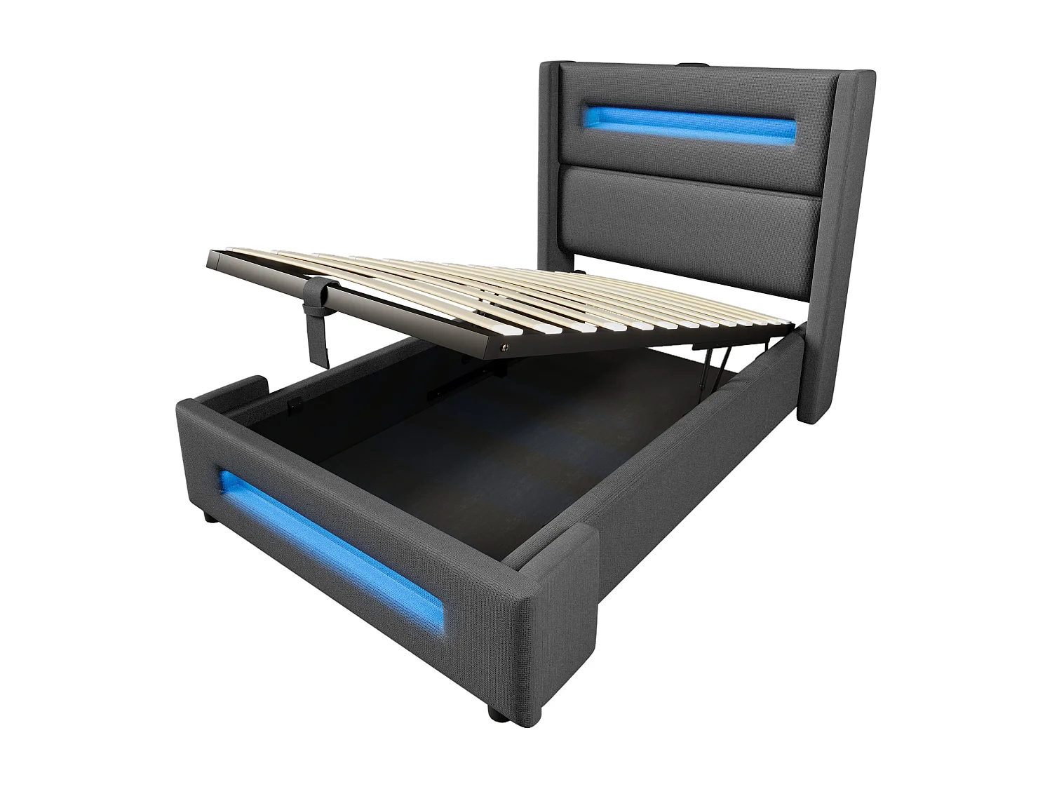 Lit coffre capitonné 90x200cm - avec LED et Ports de charge USB - tissu en Lin - avec sommier à lattes - Gris(sans matelas)