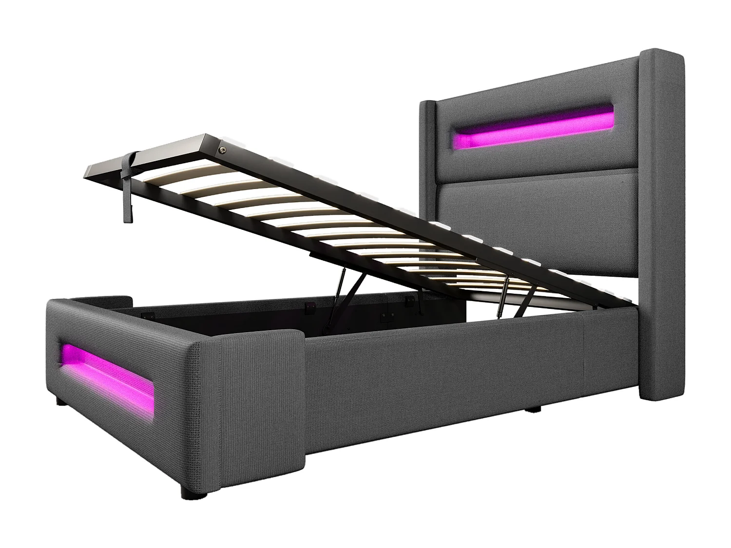 Lit coffre capitonné 90x200cm - avec LED et Ports de charge USB - tissu en Lin - avec sommier à lattes - Gris(sans matelas)