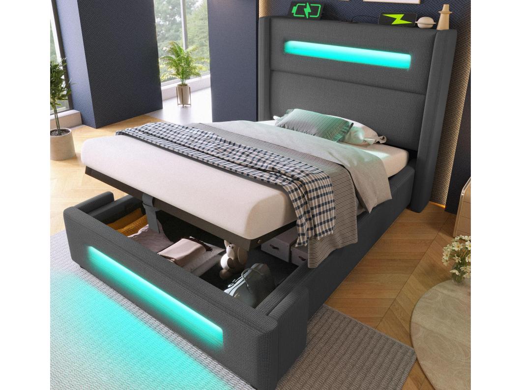 Gestoffeerd opbergbed 90x200 cm - met LED en USB-oplaadpoorten - Linnenstof - Met lattenbodem - Grijs (zonder matras)