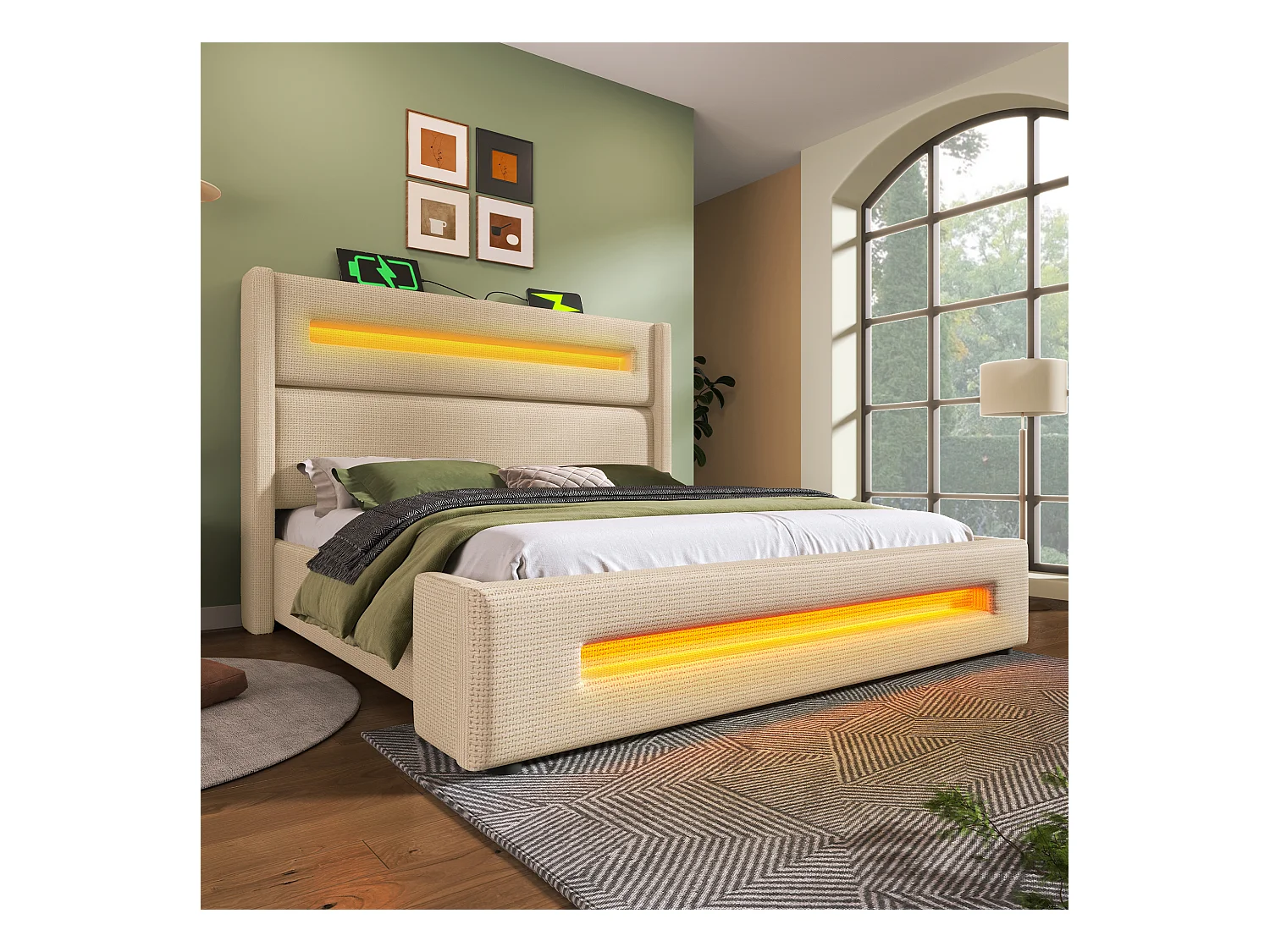 Letto con contenitore imbottito 180x200 cm - con LED e porte di ricarica USB - Tessuto di lino - Con base a listelli - Beige (senza materasso)