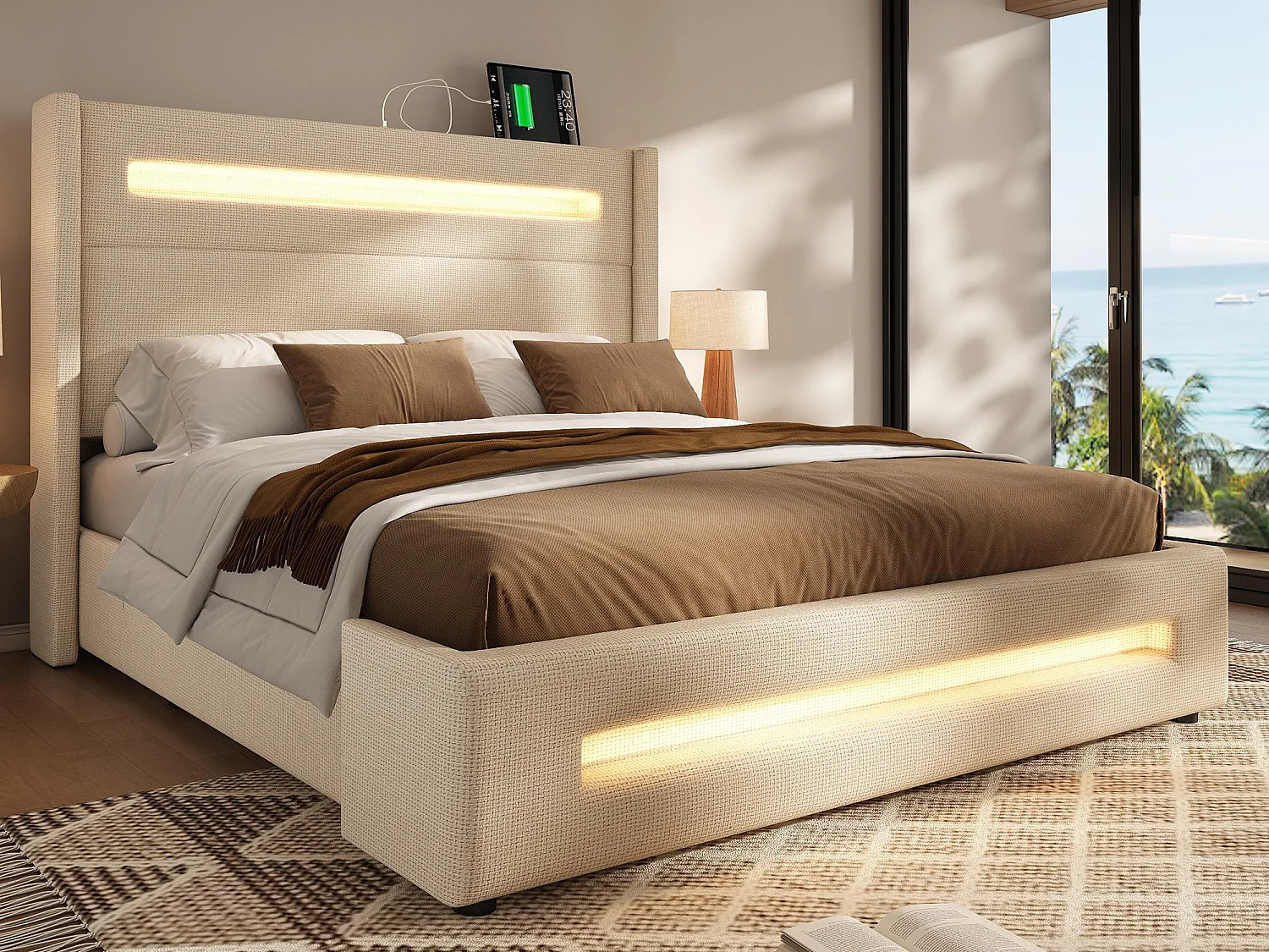 Lit coffre capitonné 180x200cm - avec LED et Ports de charge USB - tissu en Lin - avec sommier à lattes - Beige(sans matelas)