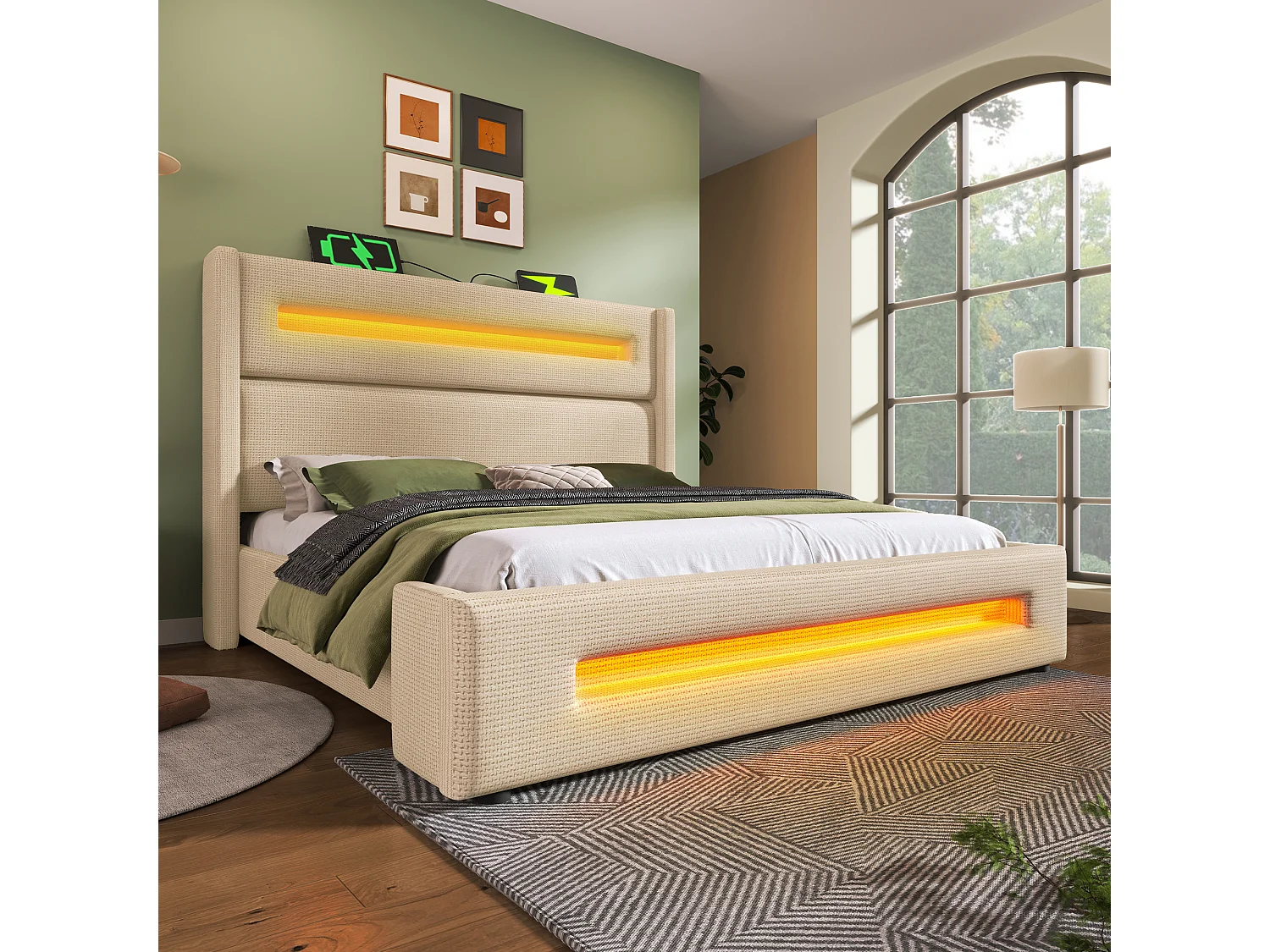 Lit coffre capitonné 180x200cm - avec LED et Ports de charge USB - tissu en Lin - avec sommier à lattes - Beige(sans matelas)