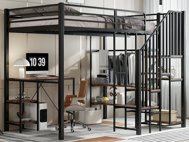 Lit mezzanine 120x200 cm - avec bureau et étagère - avec armoire ouverte - échelle de sécurité 4 marches - Noir + Naturel(sans matelas)