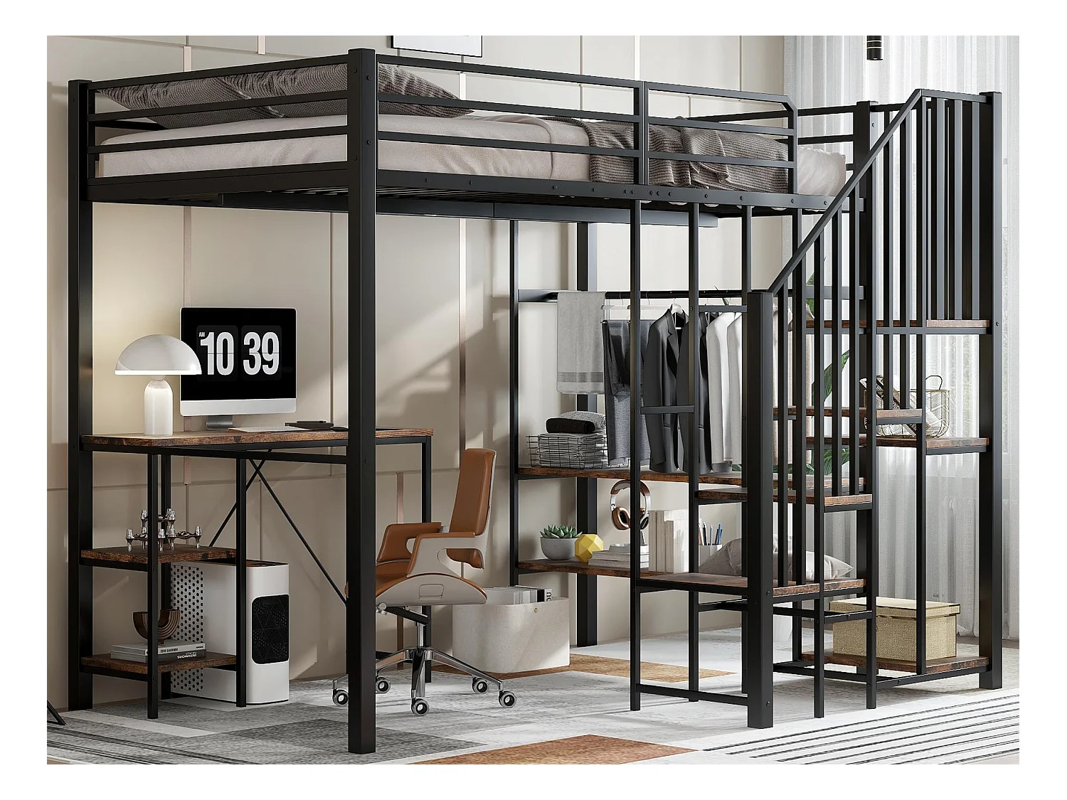 Lit mezzanine 120x200 cm - avec bureau et étagère - avec armoire ouverte - échelle de sécurité 4 marches - Noir + Naturel(sans matelas)