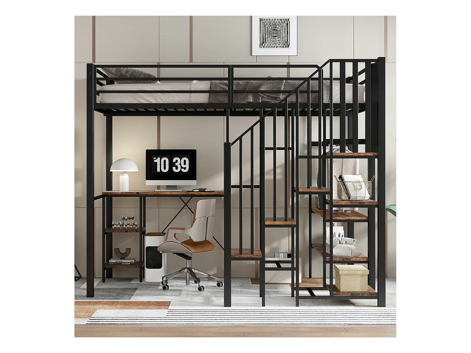 Lit mezzanine 120x200 cm - avec bureau et étagère - avec armoire ouverte - échelle de sécurité 4 marches - Noir + Naturel(sans matelas)