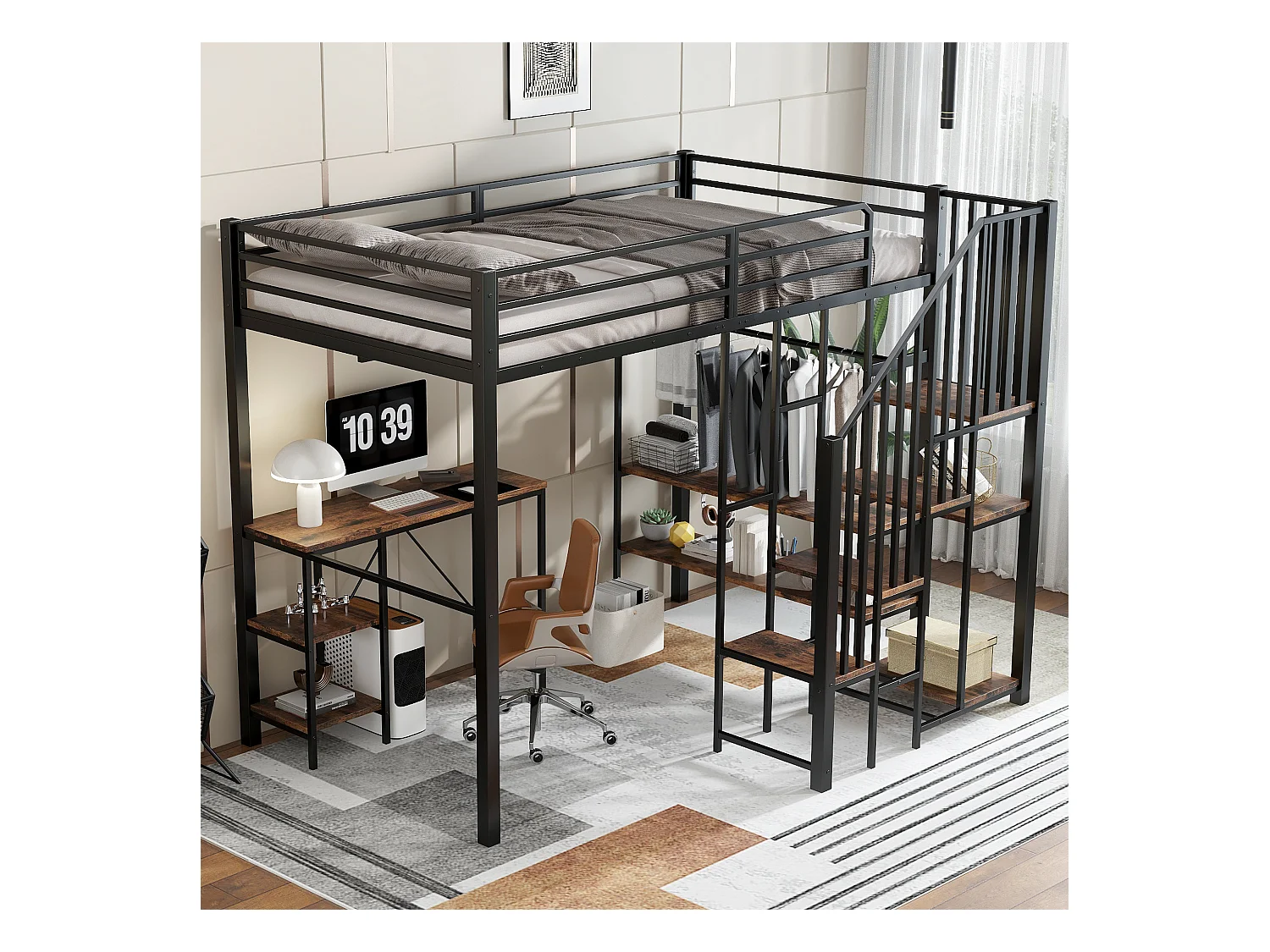 Lit mezzanine 120x200 cm - avec bureau et étagère - avec armoire ouverte - échelle de sécurité 4 marches - Noir + Naturel(sans matelas)
