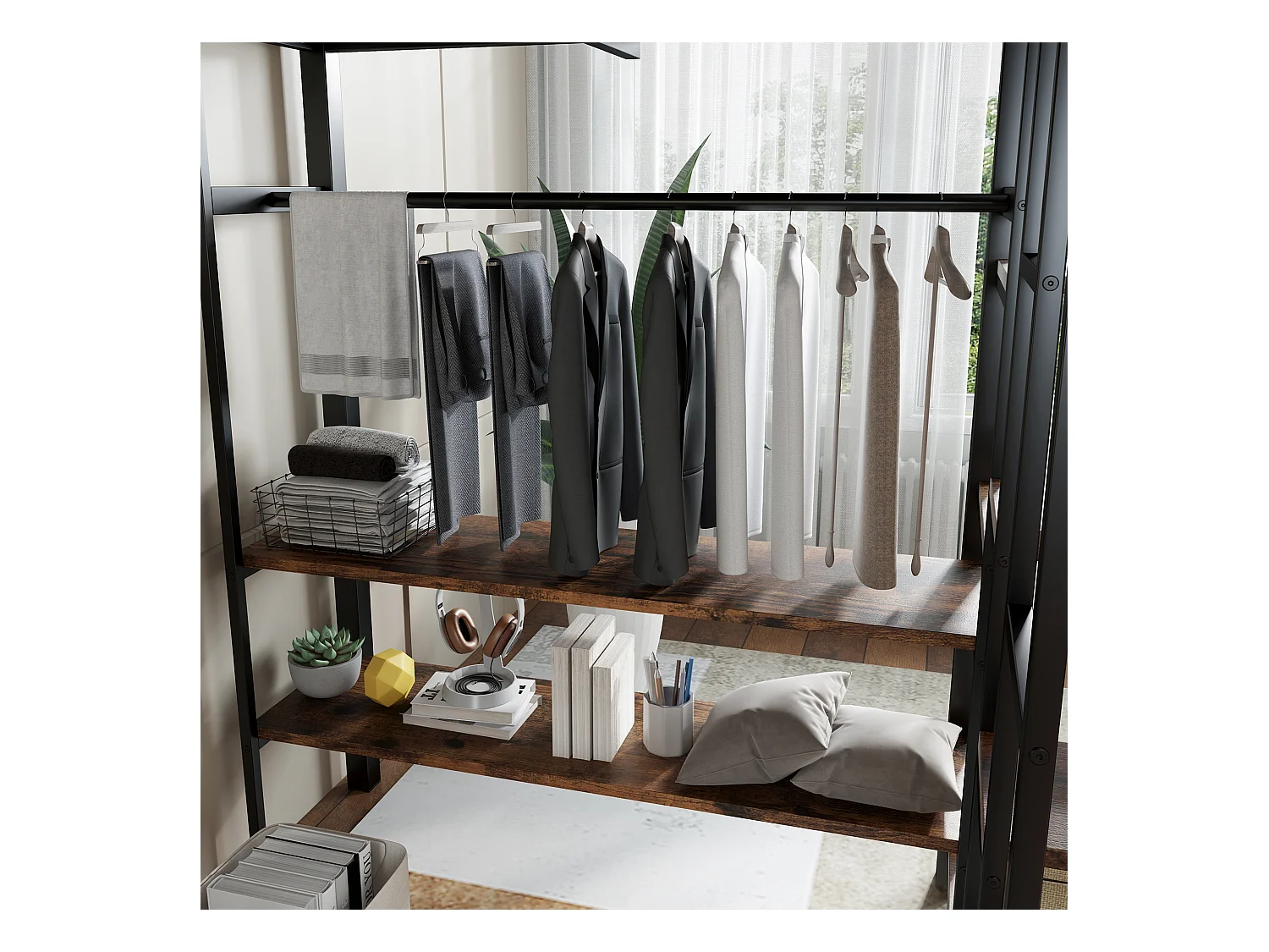 Lit mezzanine 120x200 cm - avec bureau et étagère - avec armoire ouverte - échelle de sécurité 4 marches - Noir + Naturel(sans matelas)