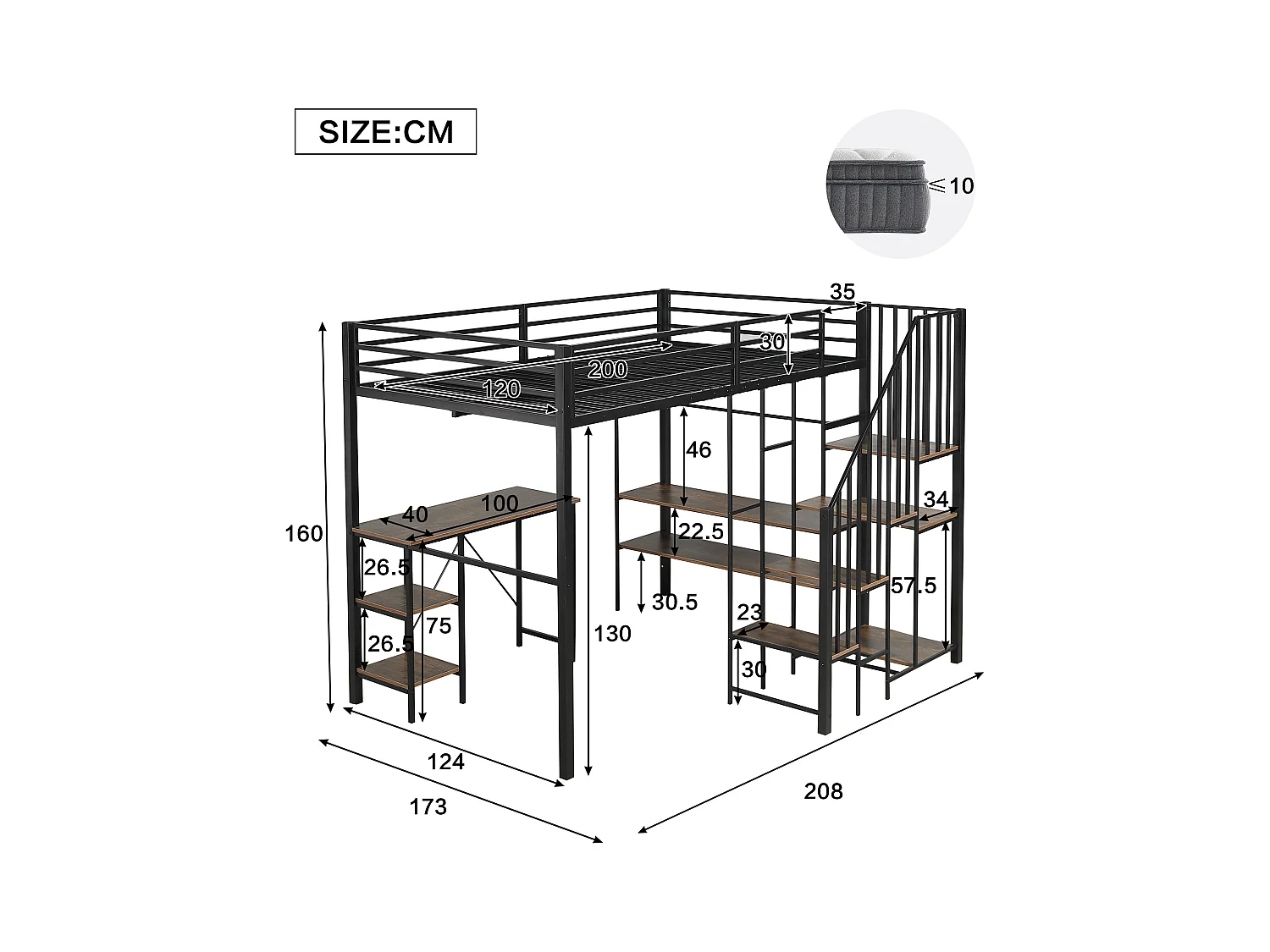 Lit mezzanine 120x200 cm - avec bureau et étagère - avec armoire ouverte - échelle de sécurité 4 marches - Noir + Naturel(sans matelas)