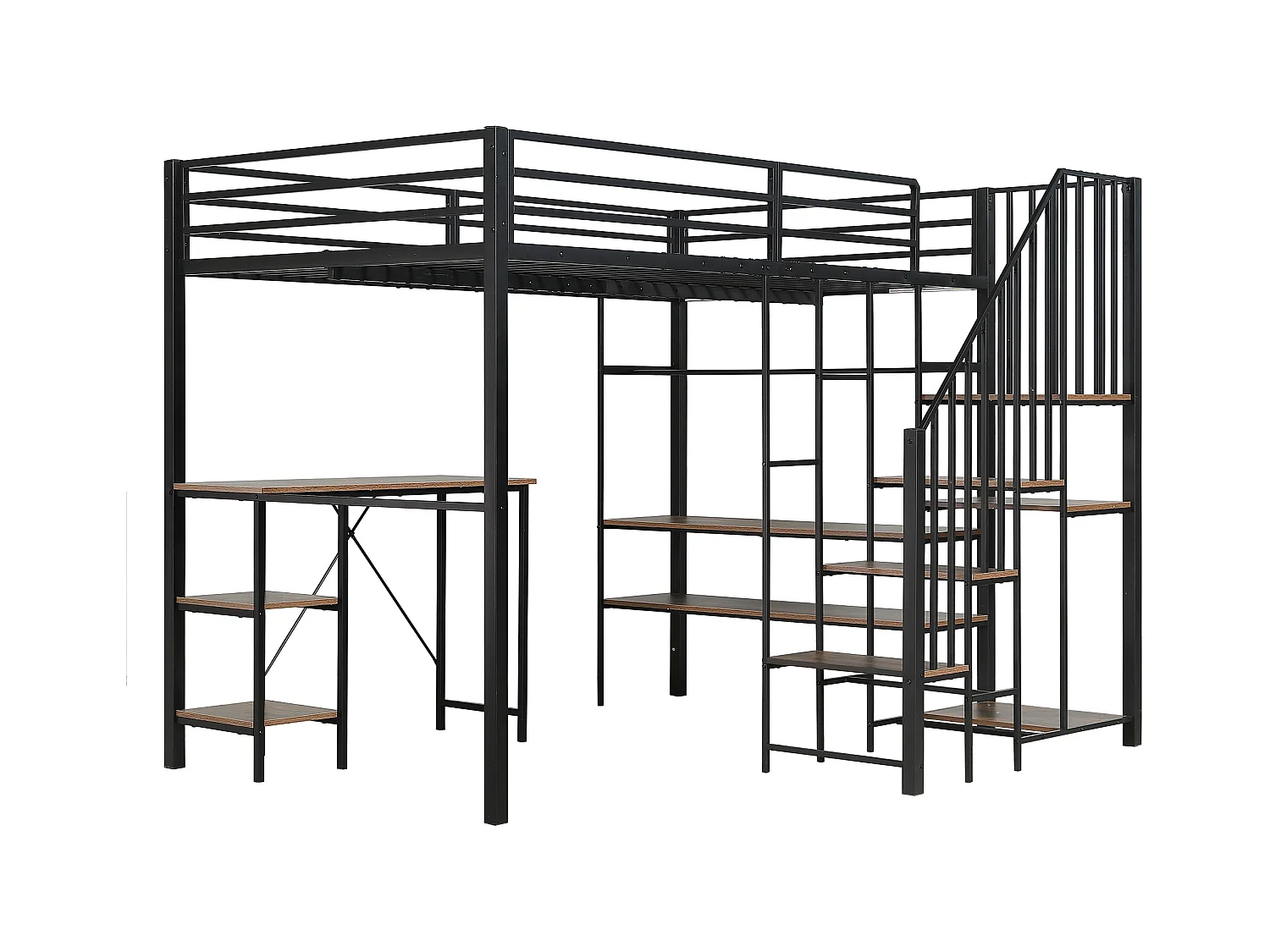 Lit mezzanine 120x200 cm - avec bureau et étagère - avec armoire ouverte - échelle de sécurité 4 marches - Noir + Naturel(sans matelas)