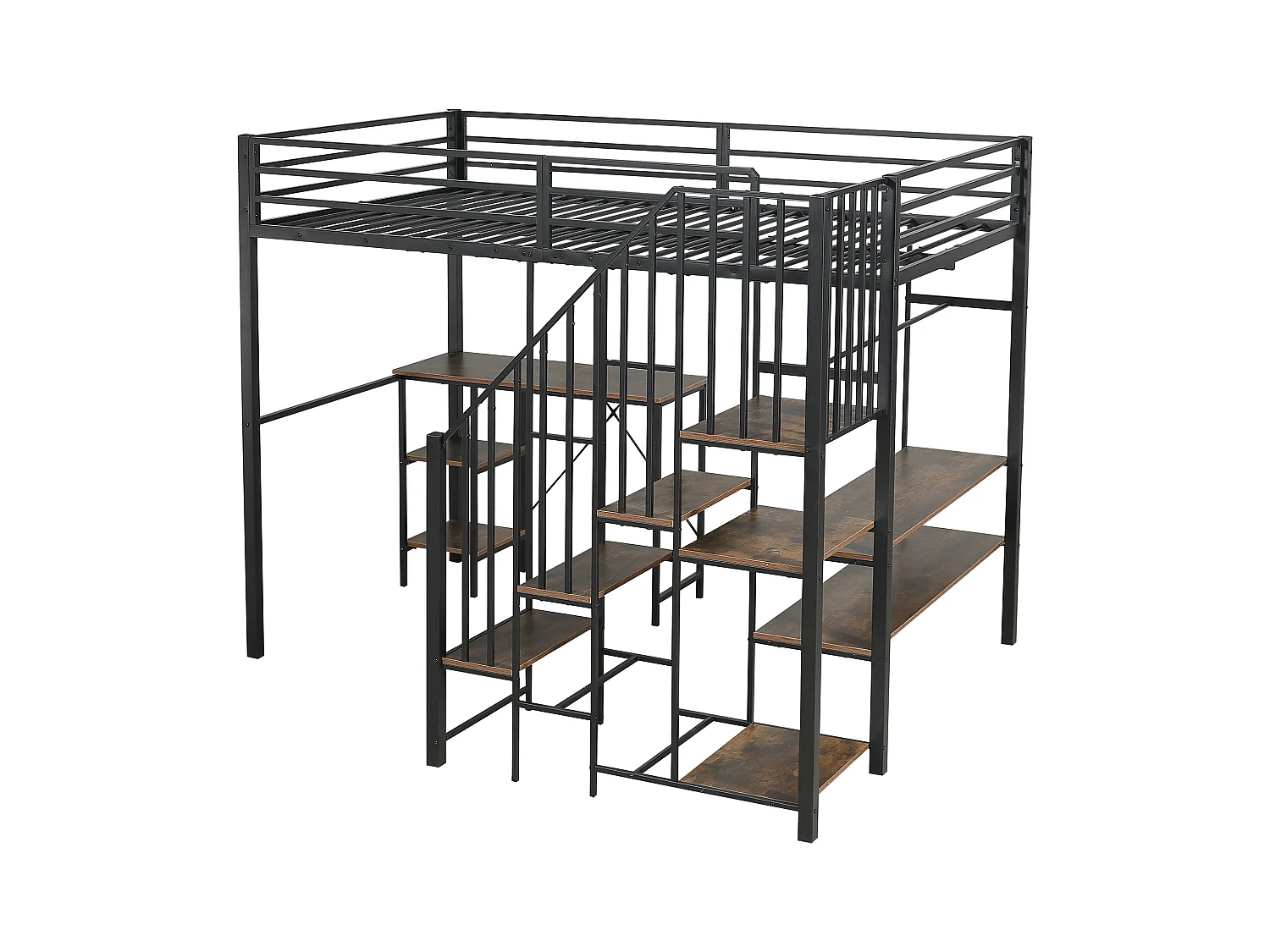 Lit mezzanine 120x200 cm - avec bureau et étagère - avec armoire ouverte - échelle de sécurité 4 marches - Noir + Naturel(sans matelas)