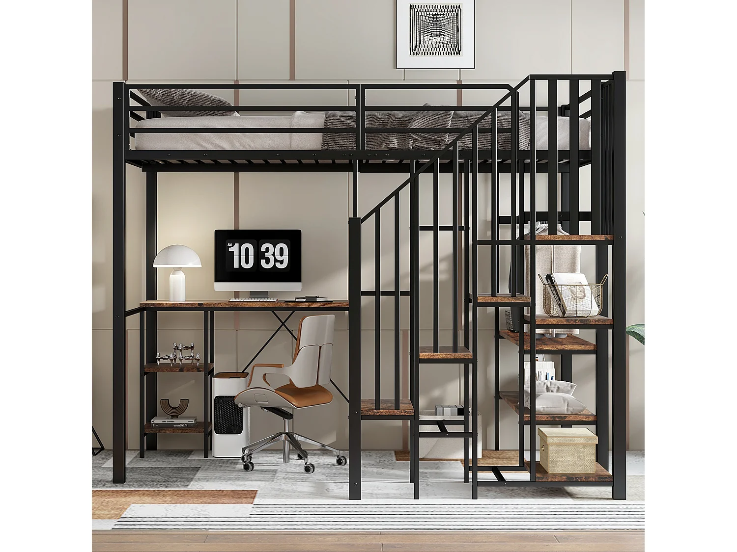 Lit mezzanine 120x200 cm - avec bureau et étagère - avec armoire ouverte - échelle de sécurité 4 marches - Noir + Naturel(sans matelas)