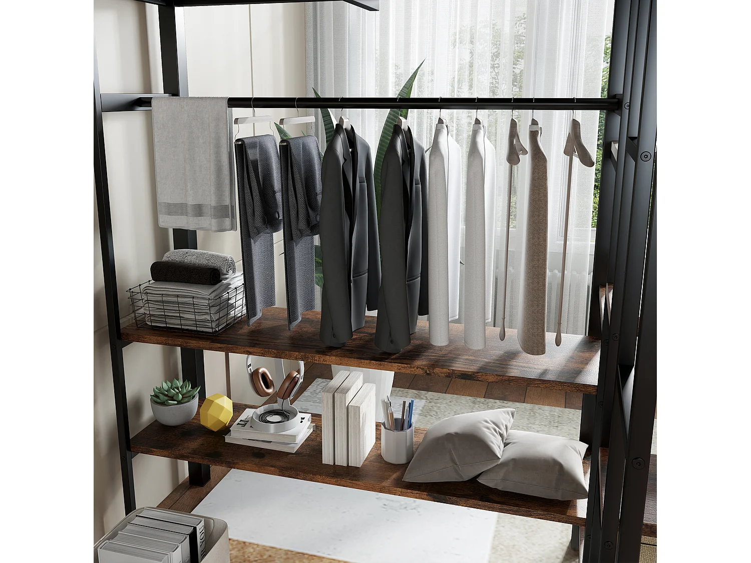 Lit mezzanine 120x200 cm - avec bureau et étagère - avec armoire ouverte - échelle de sécurité 4 marches - Noir + Naturel(sans matelas)