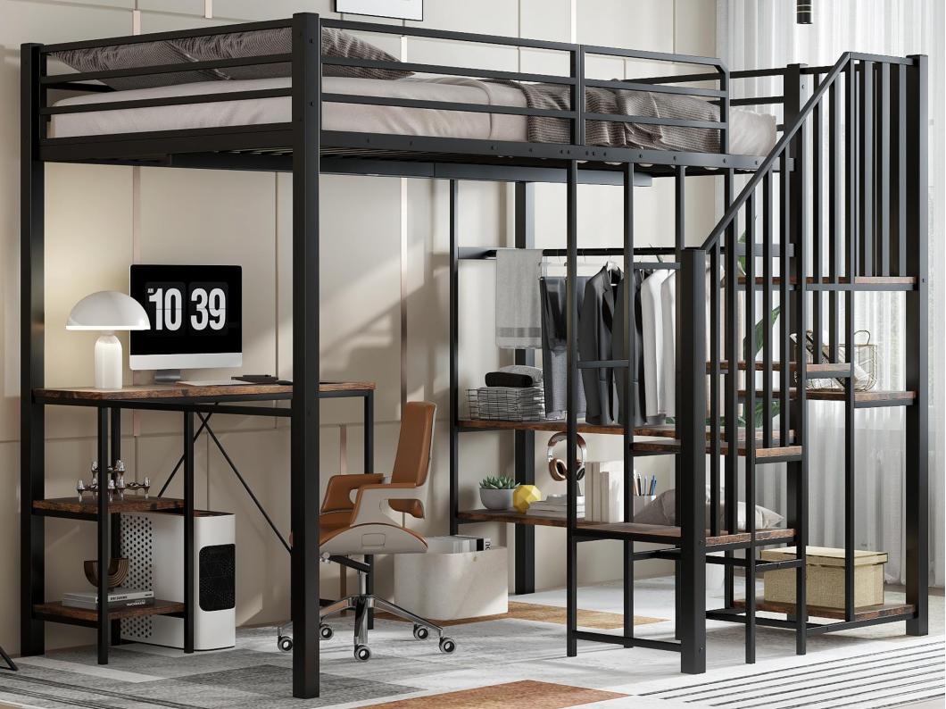 Letto soppalco 120x200 cm - con scrivania e ripiano - con armadio aperto - scala di sicurezza a 4 gradini - Nero + Naturale (senza materasso)