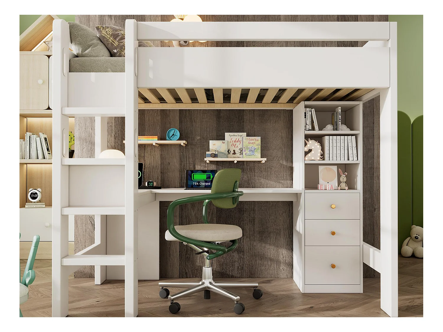 Lit mezzanine 90x200 cm - avec USB et Type-C - avec bureau en L, étagères et tiroirs - avec barrières de sécurité - blanc (sans matelas)
