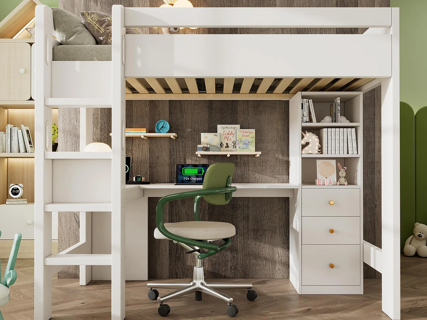 Lit mezzanine 90x200 cm - avec USB et Type-C - avec bureau en L, étagères et tiroirs - avec barrières de sécurité - blanc (sans matelas)