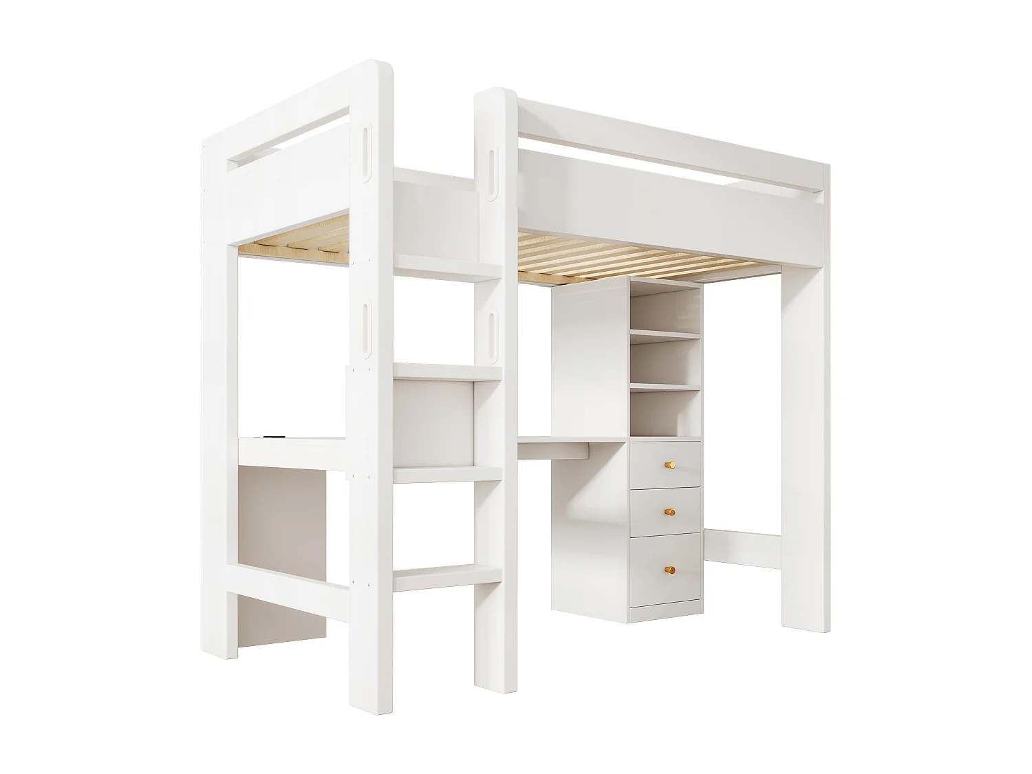 Lit mezzanine 90x200 cm - avec USB et Type-C - avec bureau en L, étagères et tiroirs - avec barrières de sécurité - blanc (sans matelas)