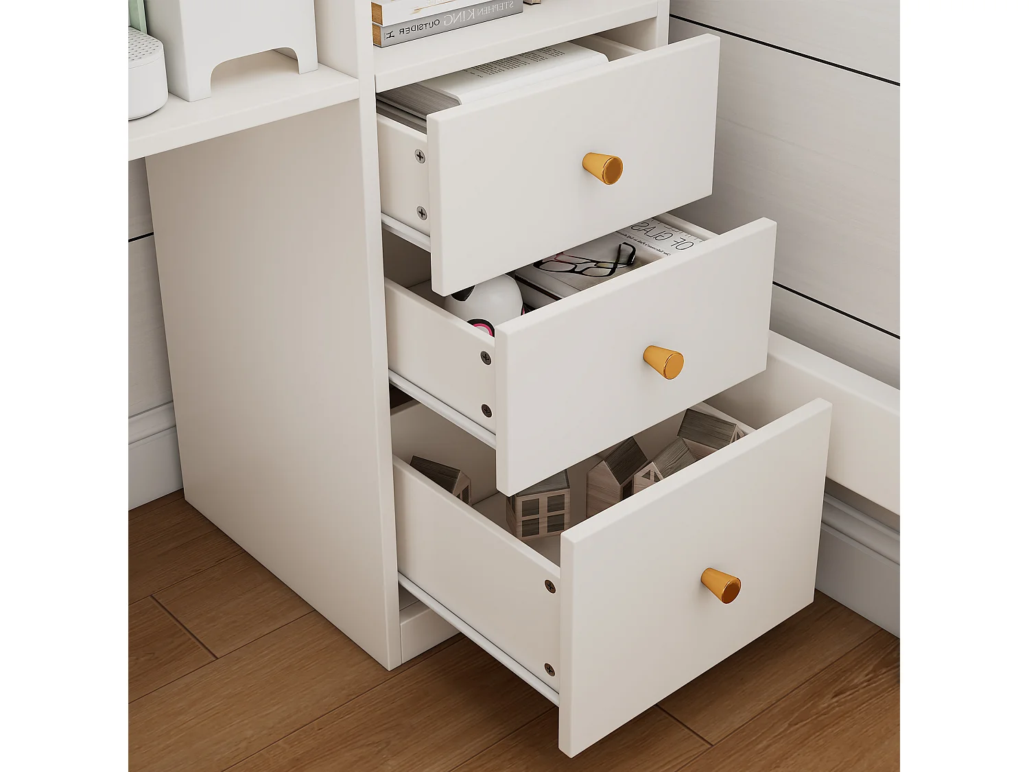 Lit mezzanine 90x200 cm - avec USB et Type-C - avec bureau en L, étagères et tiroirs - avec barrières de sécurité - blanc (sans matelas)