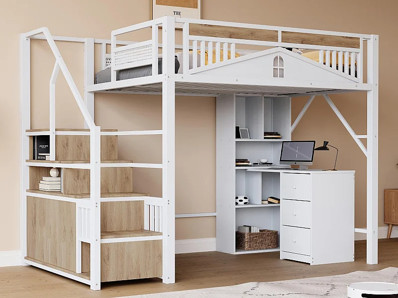 Lit mezzanine en métal 140x200cm - avec échelle de rangement - Blanc (matelas non inclus)