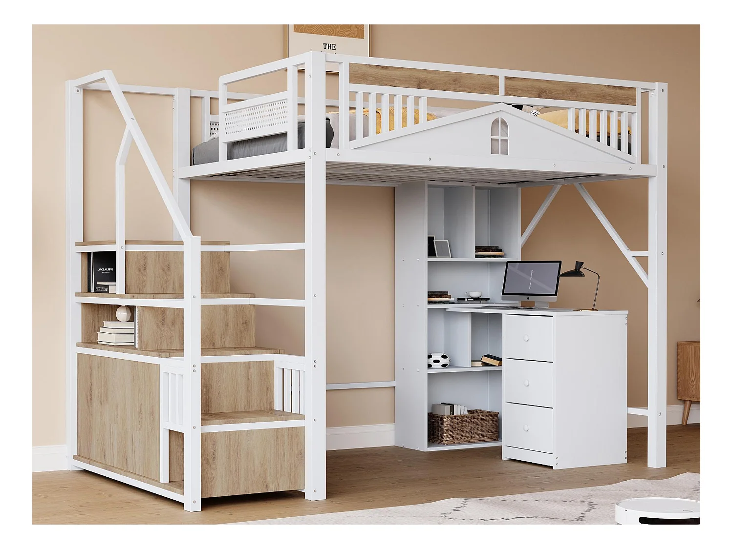 Lit mezzanine en métal 140x200cm - avec échelle de rangement - Blanc (matelas non inclus)