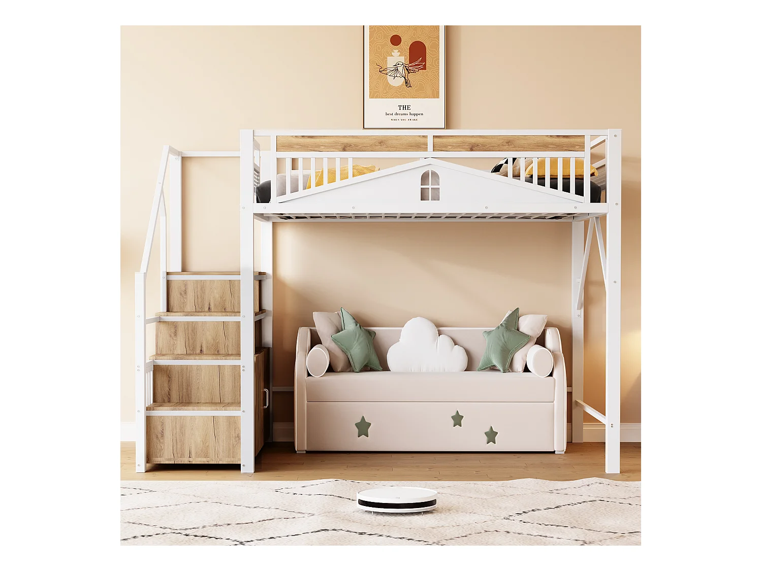 Lit mezzanine en métal 140x200cm - avec échelle de rangement - Blanc (matelas non inclus)