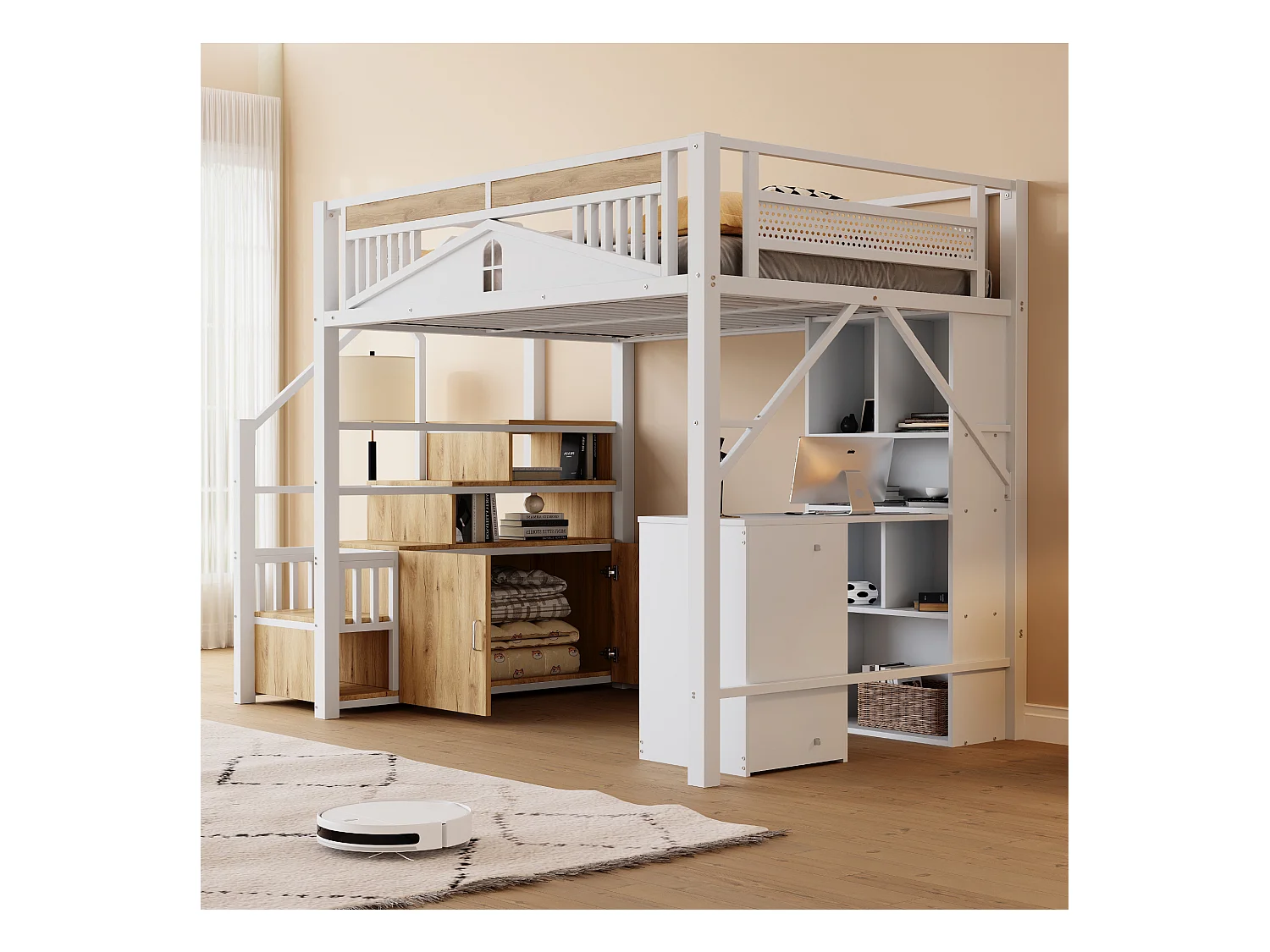 Lit mezzanine en métal 140x200cm - avec échelle de rangement - Blanc (matelas non inclus)