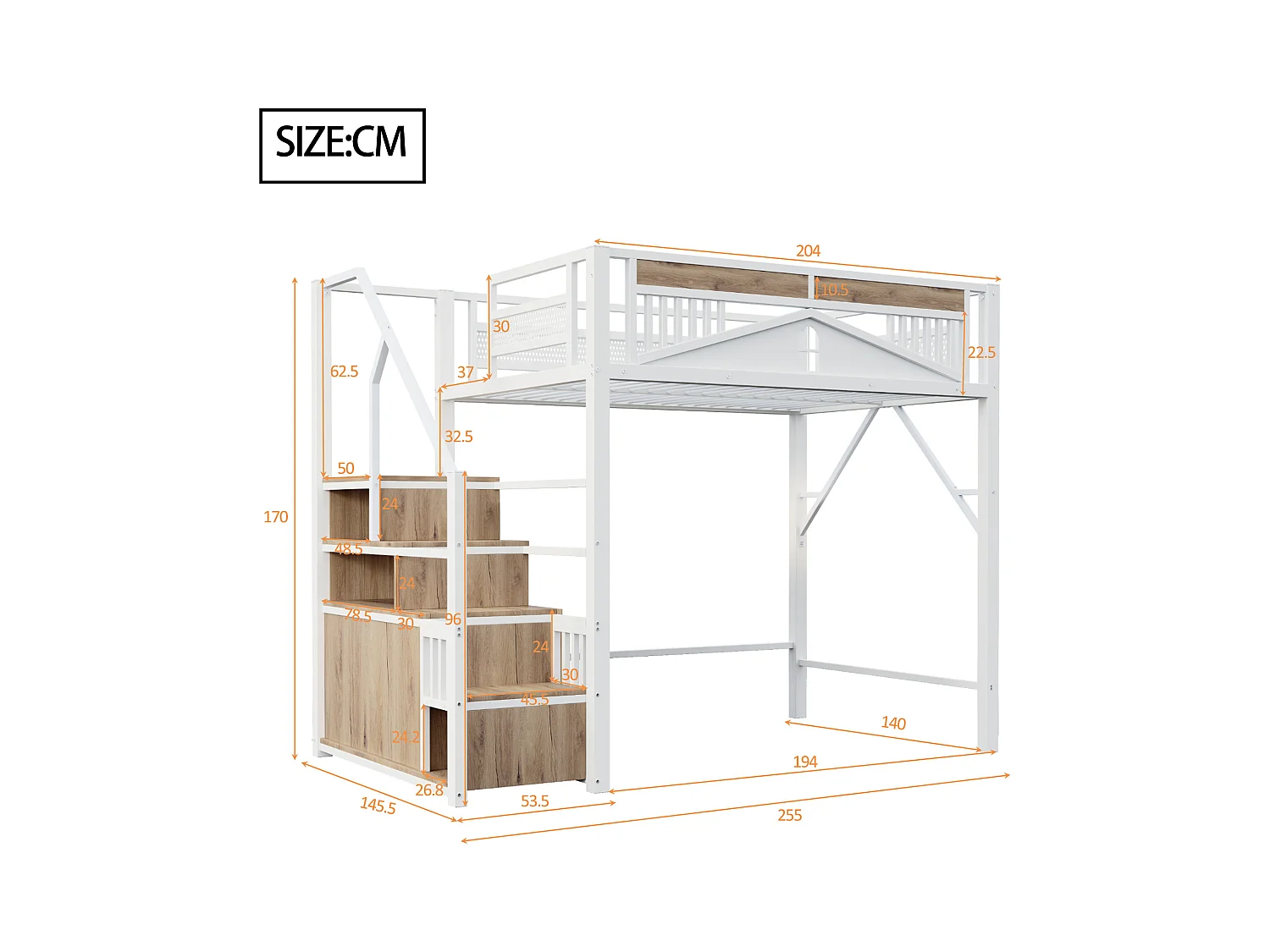 Lit mezzanine en métal 140x200cm - avec échelle de rangement - Blanc (matelas non inclus)