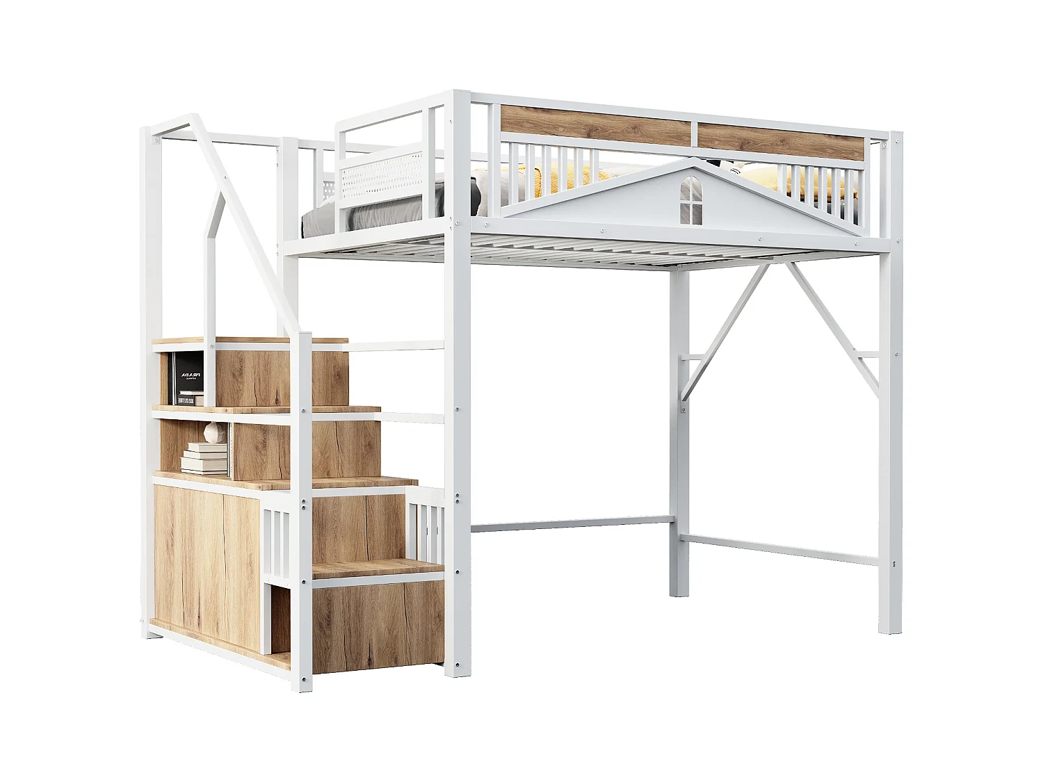 Lit mezzanine en métal 140x200cm - avec échelle de rangement - Blanc (matelas non inclus)