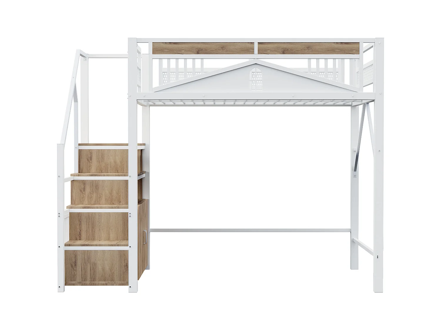 Lit mezzanine en métal 140x200cm - avec échelle de rangement - Blanc (matelas non inclus)