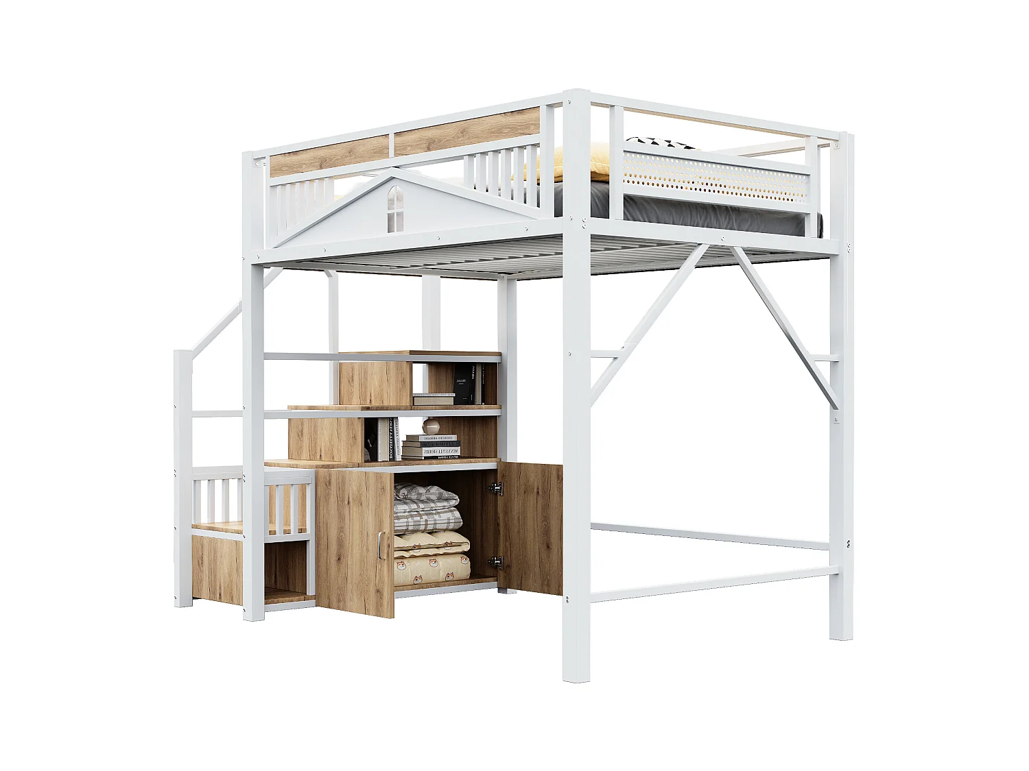 Lit mezzanine en métal 140x200cm - avec échelle de rangement - Blanc (matelas non inclus)