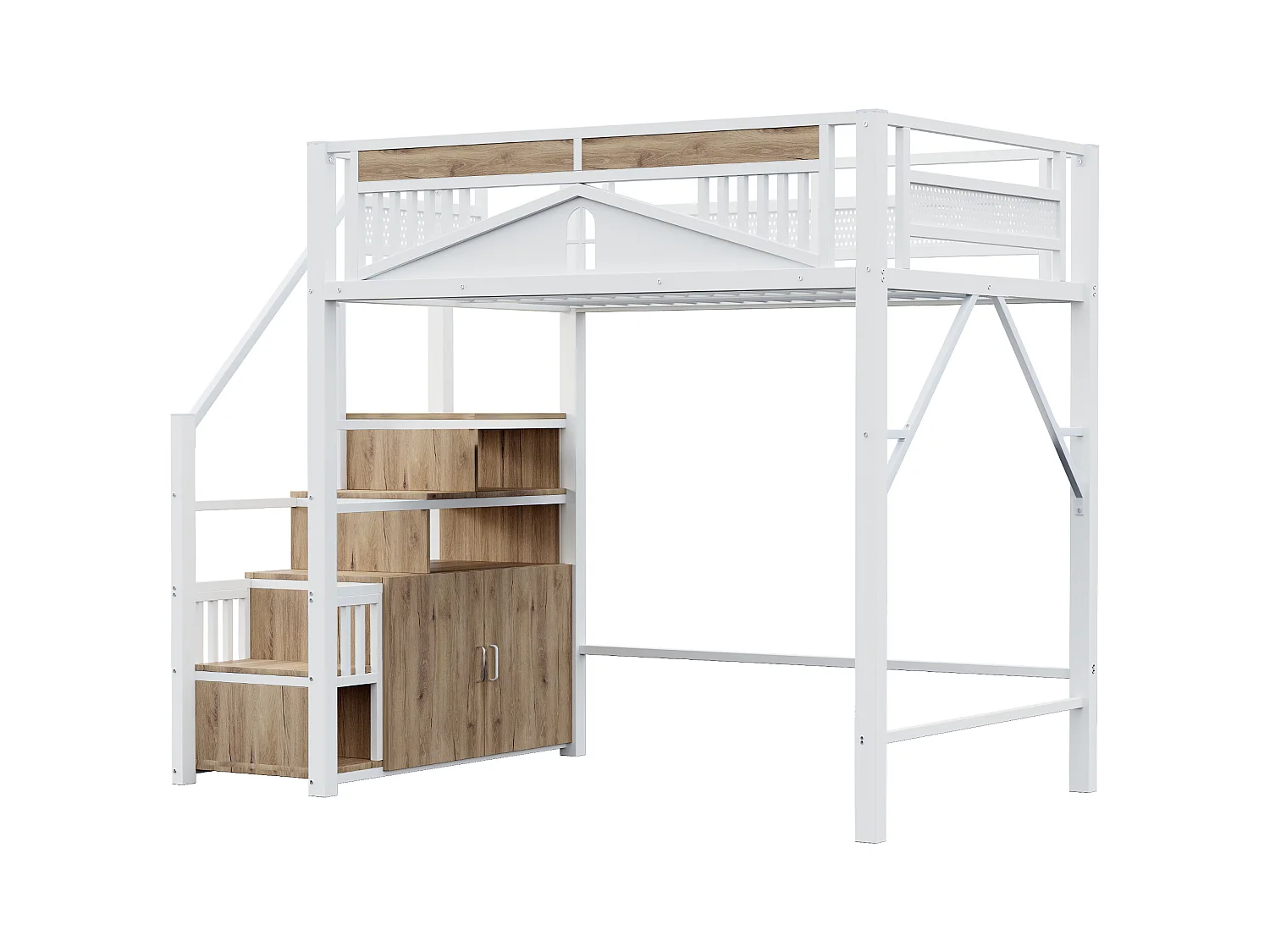 Lit mezzanine en métal 140x200cm - avec échelle de rangement - Blanc (matelas non inclus)