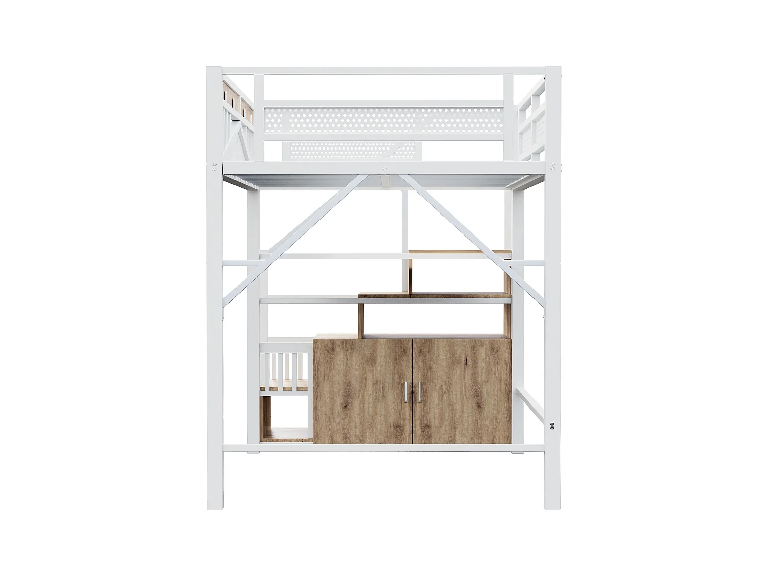 Lit mezzanine en métal 140x200cm - avec échelle de rangement - Blanc (matelas non inclus)