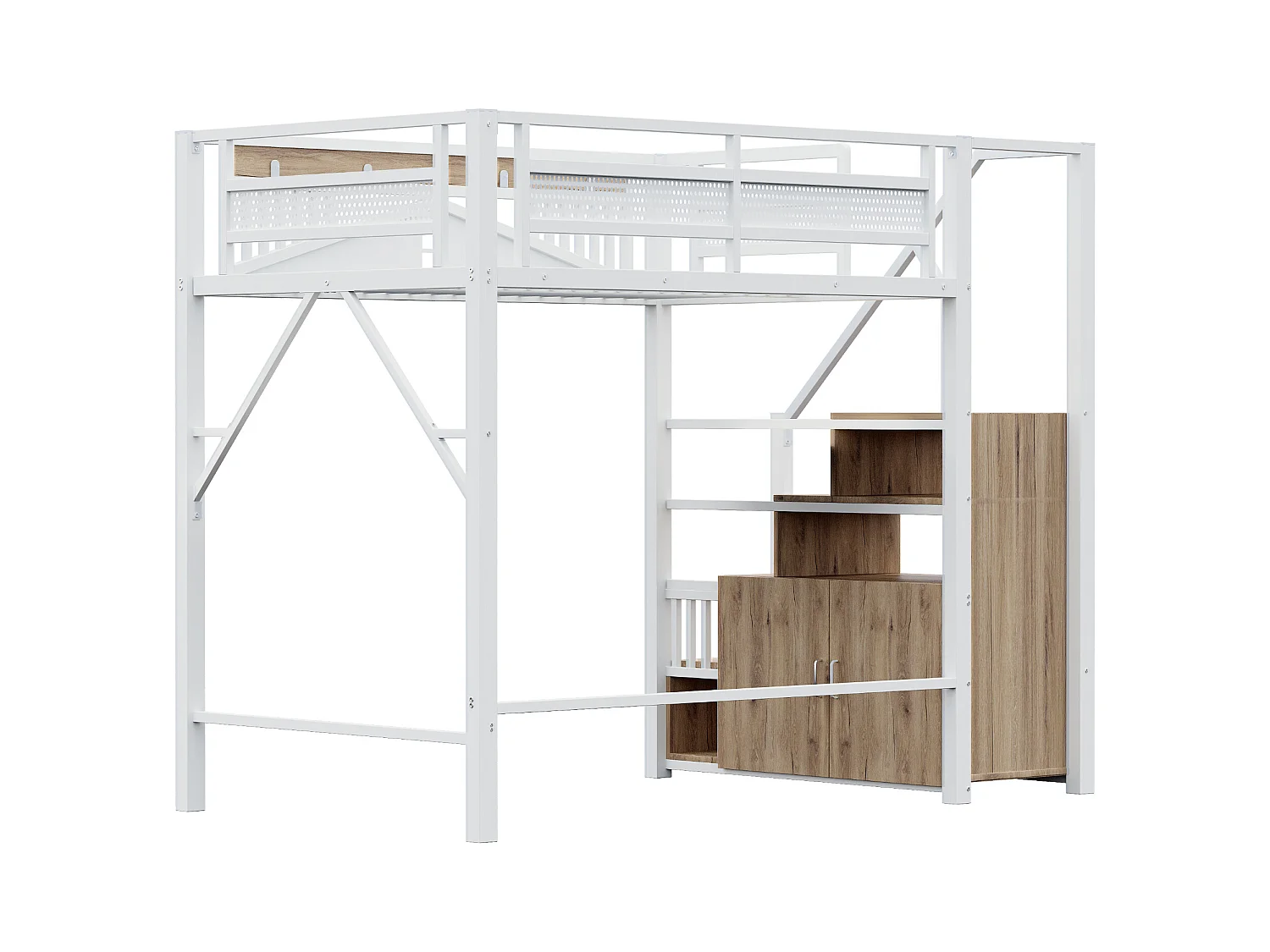 Lit mezzanine en métal 140x200cm - avec échelle de rangement - Blanc (matelas non inclus)