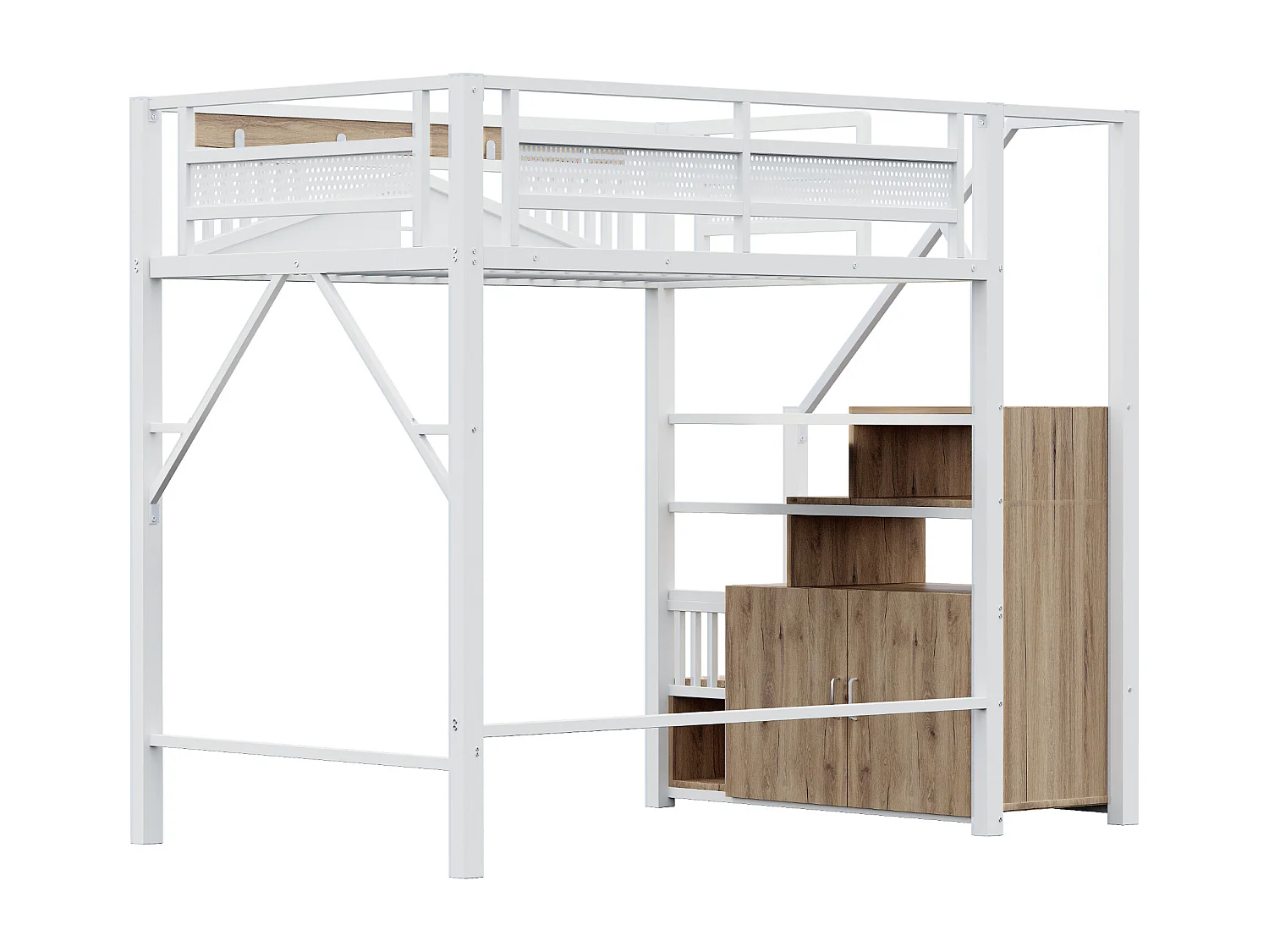 Metall-Hochbett 140x200 cm - mit Aufstiegsleiter mit Stauraum - Weiß (Matratze nicht inbegriffen)