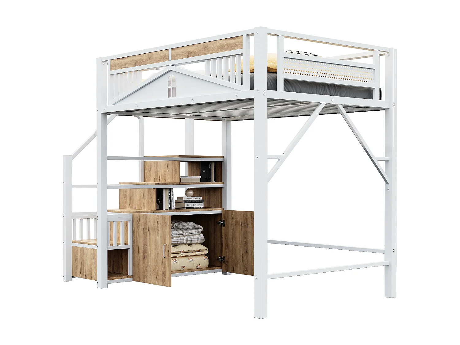 Metall-Hochbett 140x200 cm - mit Aufstiegsleiter mit Stauraum - Weiß (Matratze nicht inbegriffen)