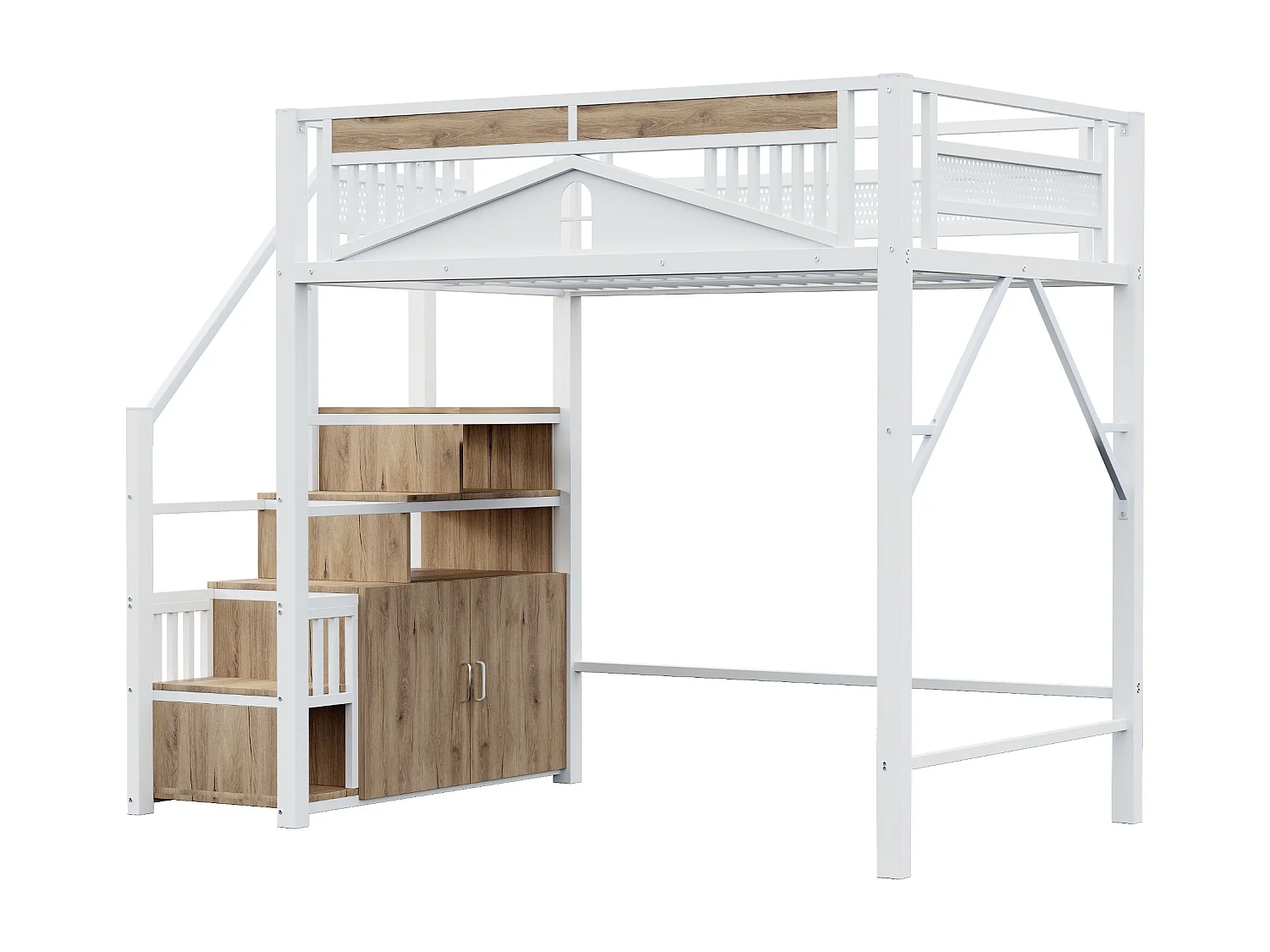 Metall-Hochbett 140x200 cm - mit Aufstiegsleiter mit Stauraum - Weiß (Matratze nicht inbegriffen)