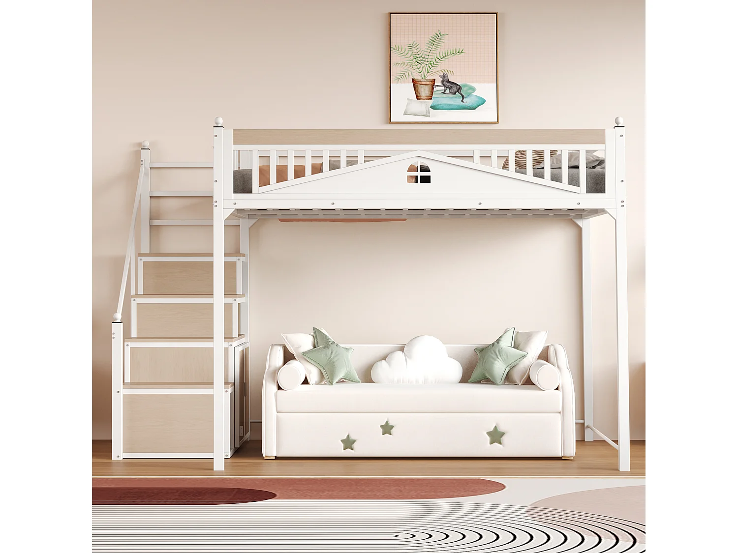 Metall-Hochbett 140x200 cm - mit Aufstiegsleiter mit Stauraum - Weiß (Matratze nicht inbegriffen)