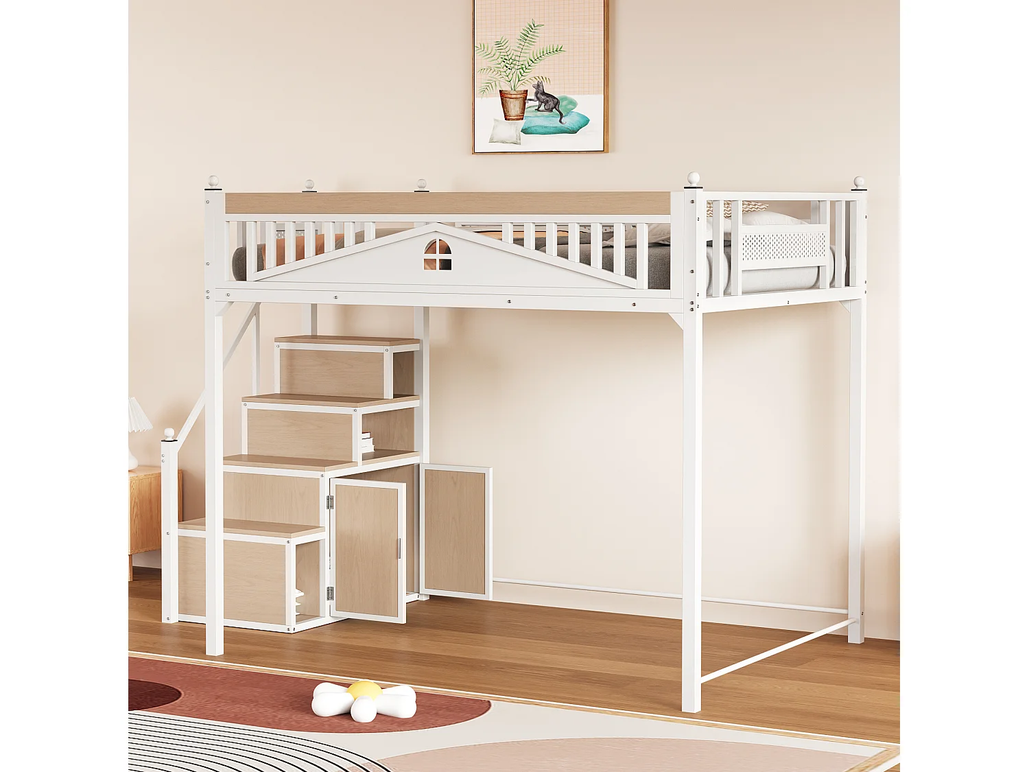 Metall-Hochbett 140x200 cm - mit Aufstiegsleiter mit Stauraum - Weiß (Matratze nicht inbegriffen)